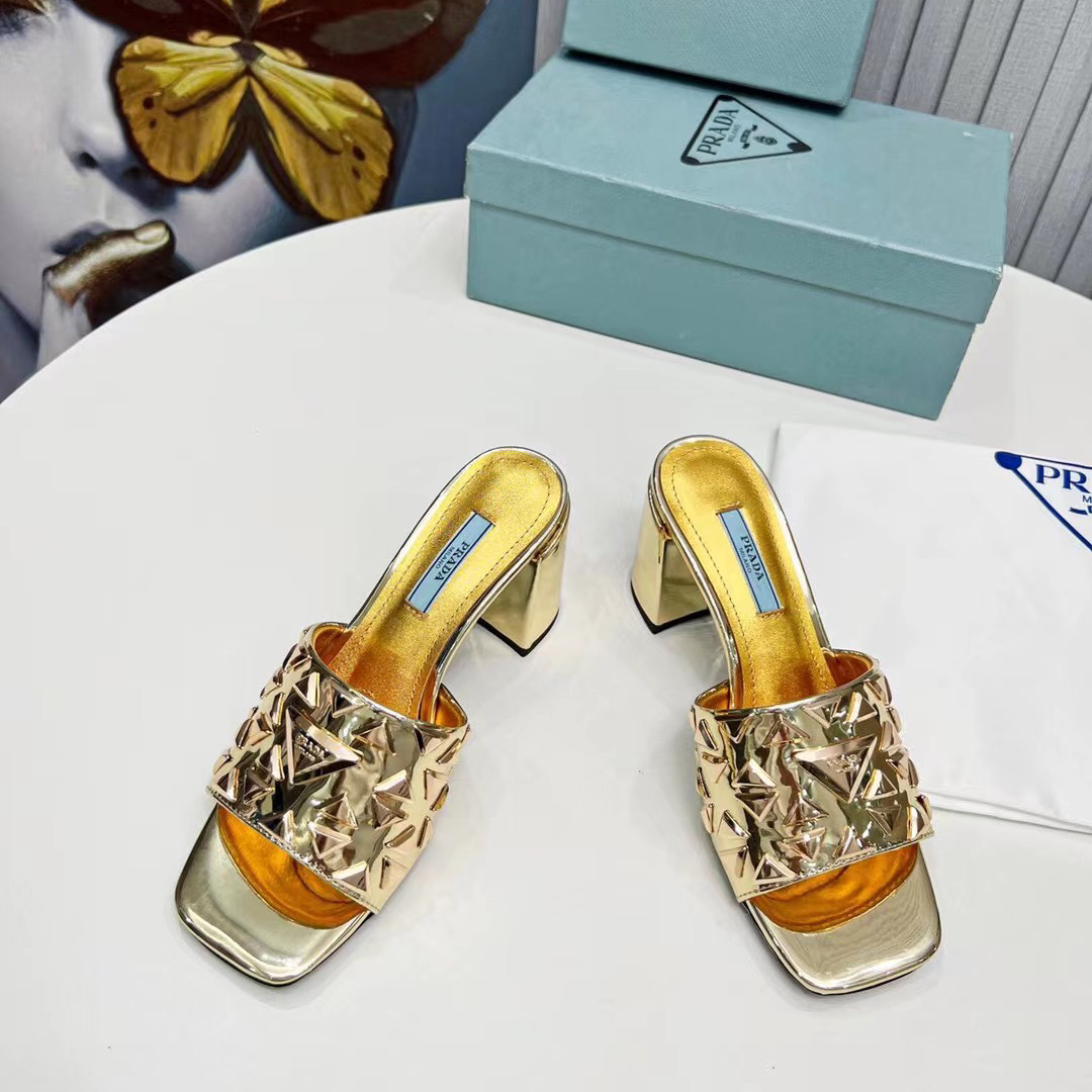 Prada Studded Metallic Leather Mules - DesignerGu