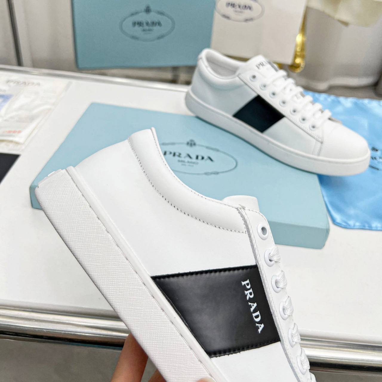 Prada Brushed Leather And Leather Sneakers - DesignerGu