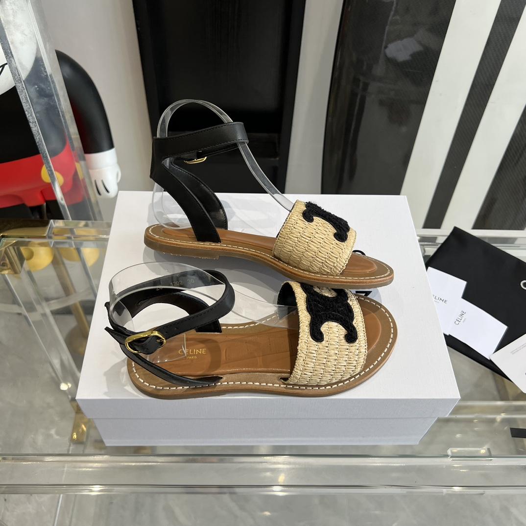 Celine Lympia Flat Strap Sandal In Raffia & Calfskin - DesignerGu