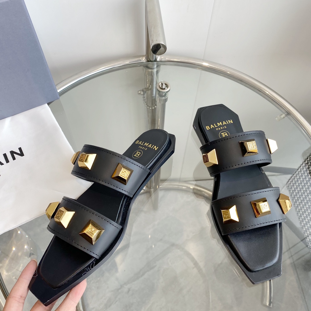 Balmain Ana Studded Leather Slides - DesignerGu