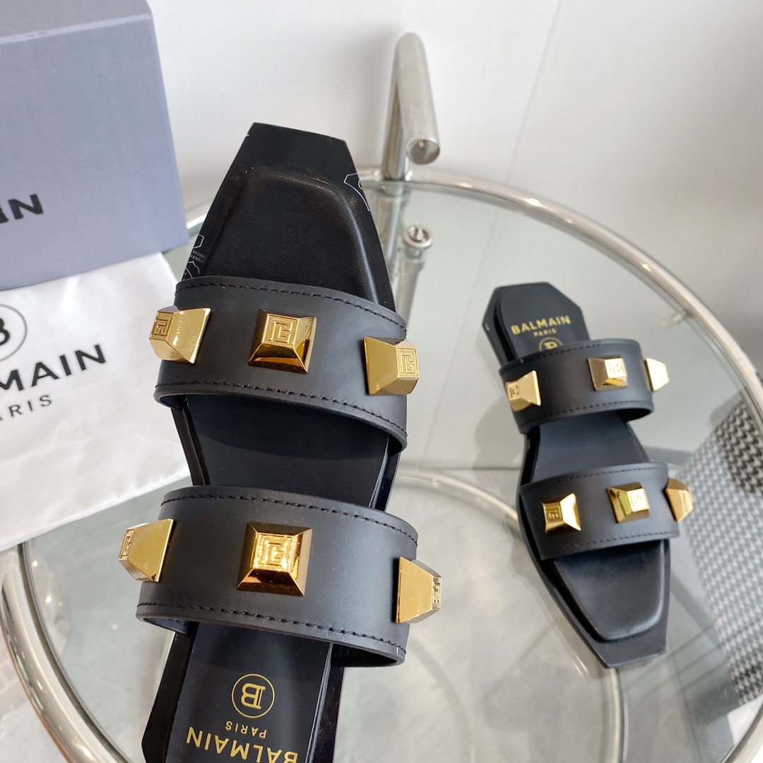 Balmain Ana Studded Leather Slides - DesignerGu