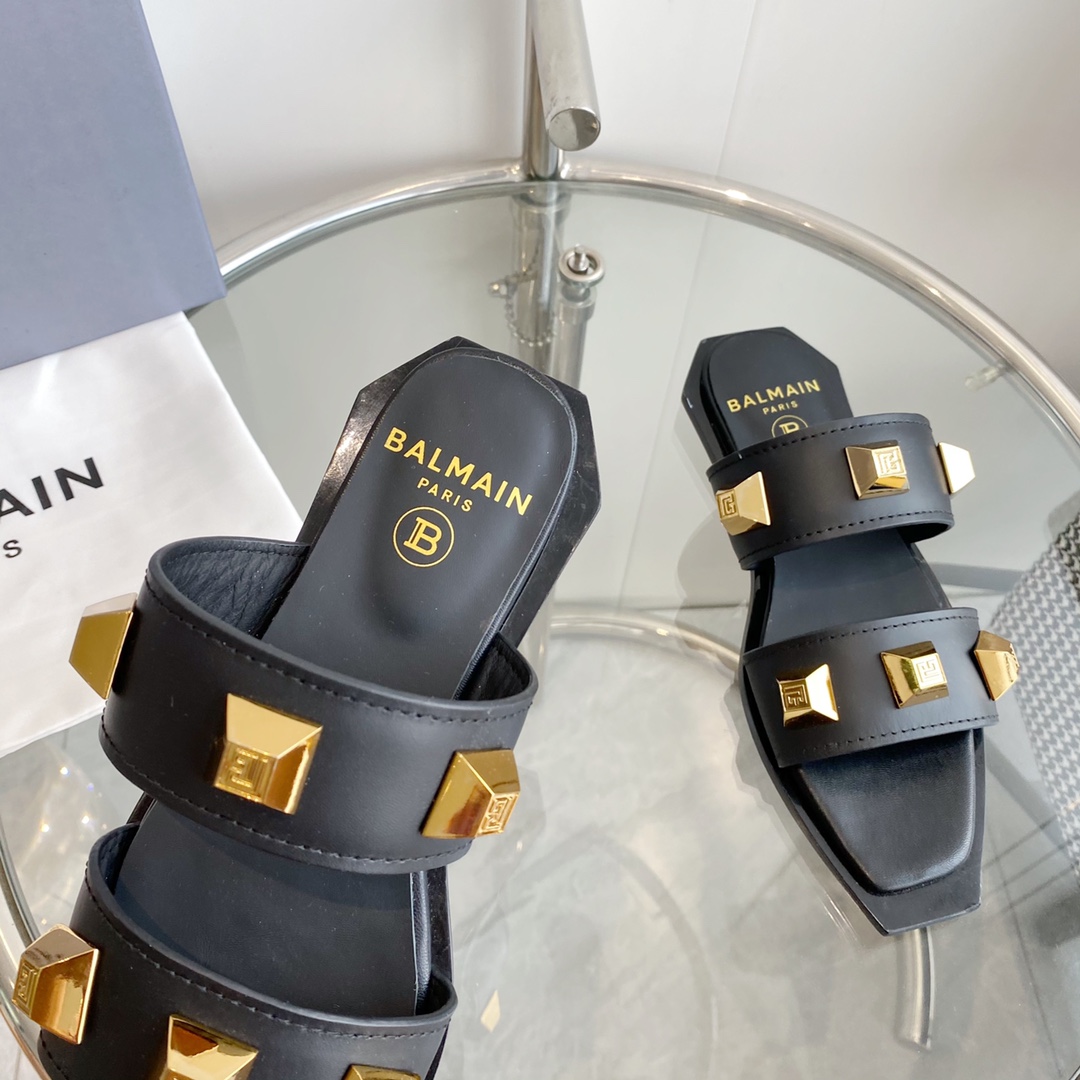 Balmain Ana Studded Leather Slides - DesignerGu