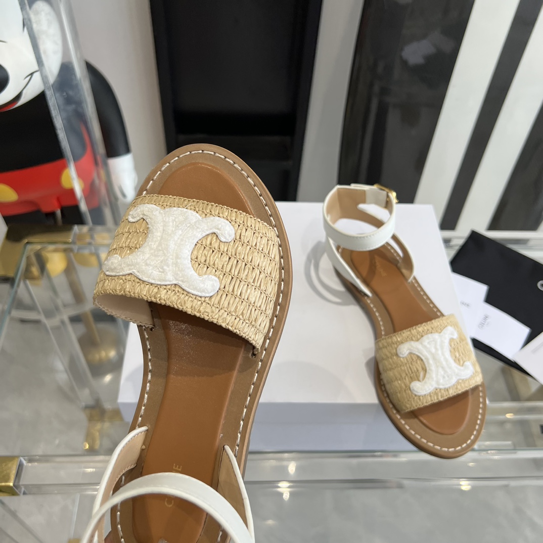 Celine Lympia Flat Strap Sandal In Raffia & Calfskin - DesignerGu