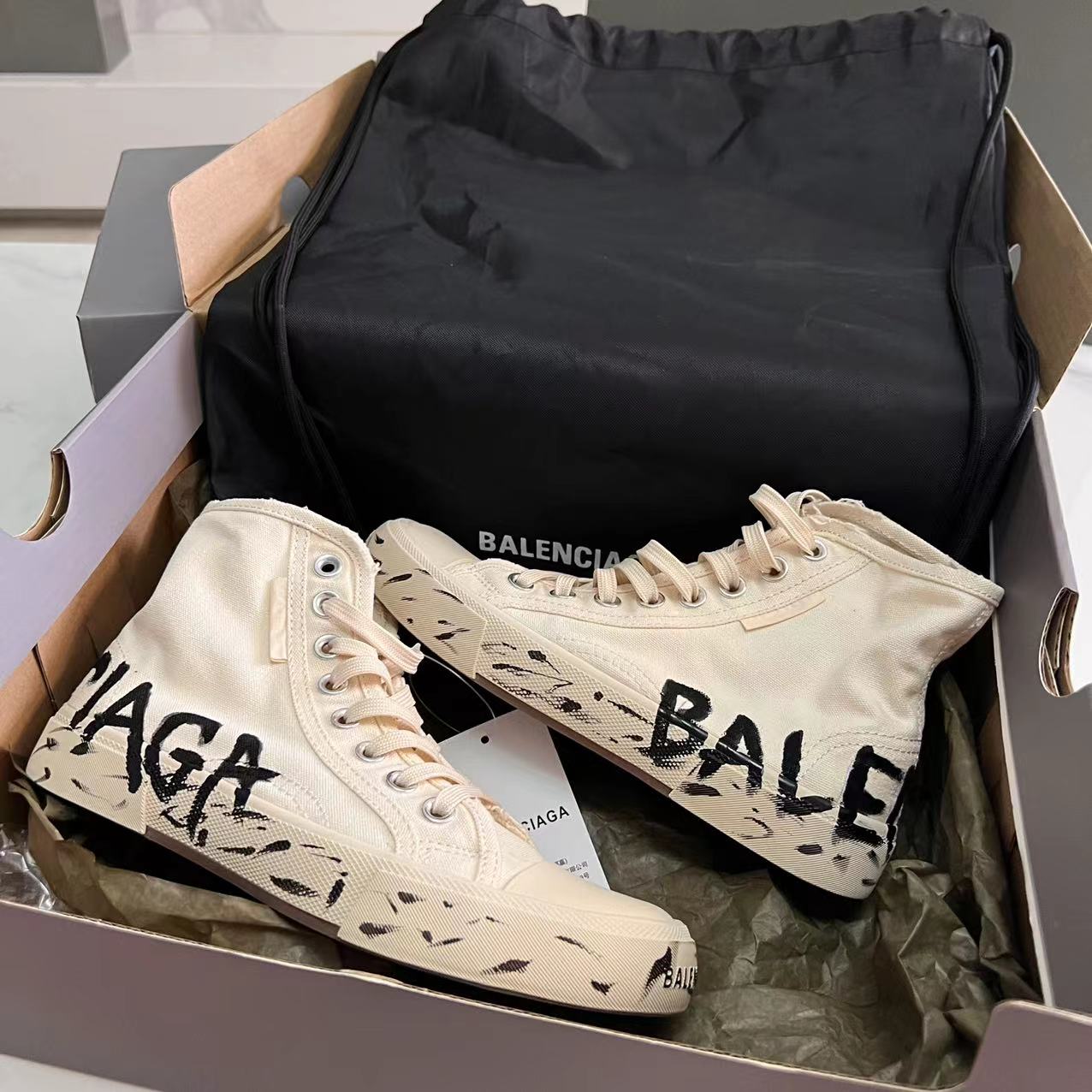 Balenciaga Paris High Top Graffiti Sneaker In White  - DesignerGu