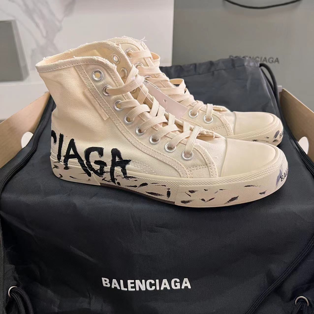 Balenciaga Paris High Top Graffiti Sneaker In White  - DesignerGu