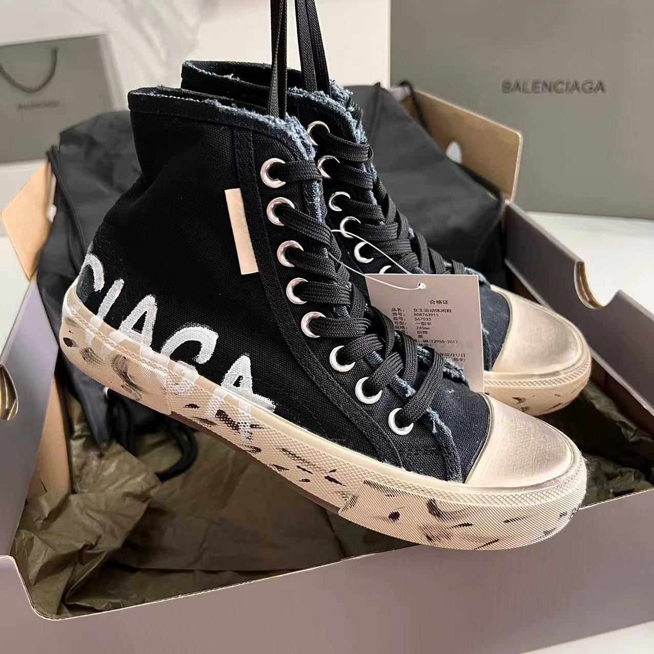 Balenciaga Paris High Top Graffiti Sneaker In Black - DesignerGu