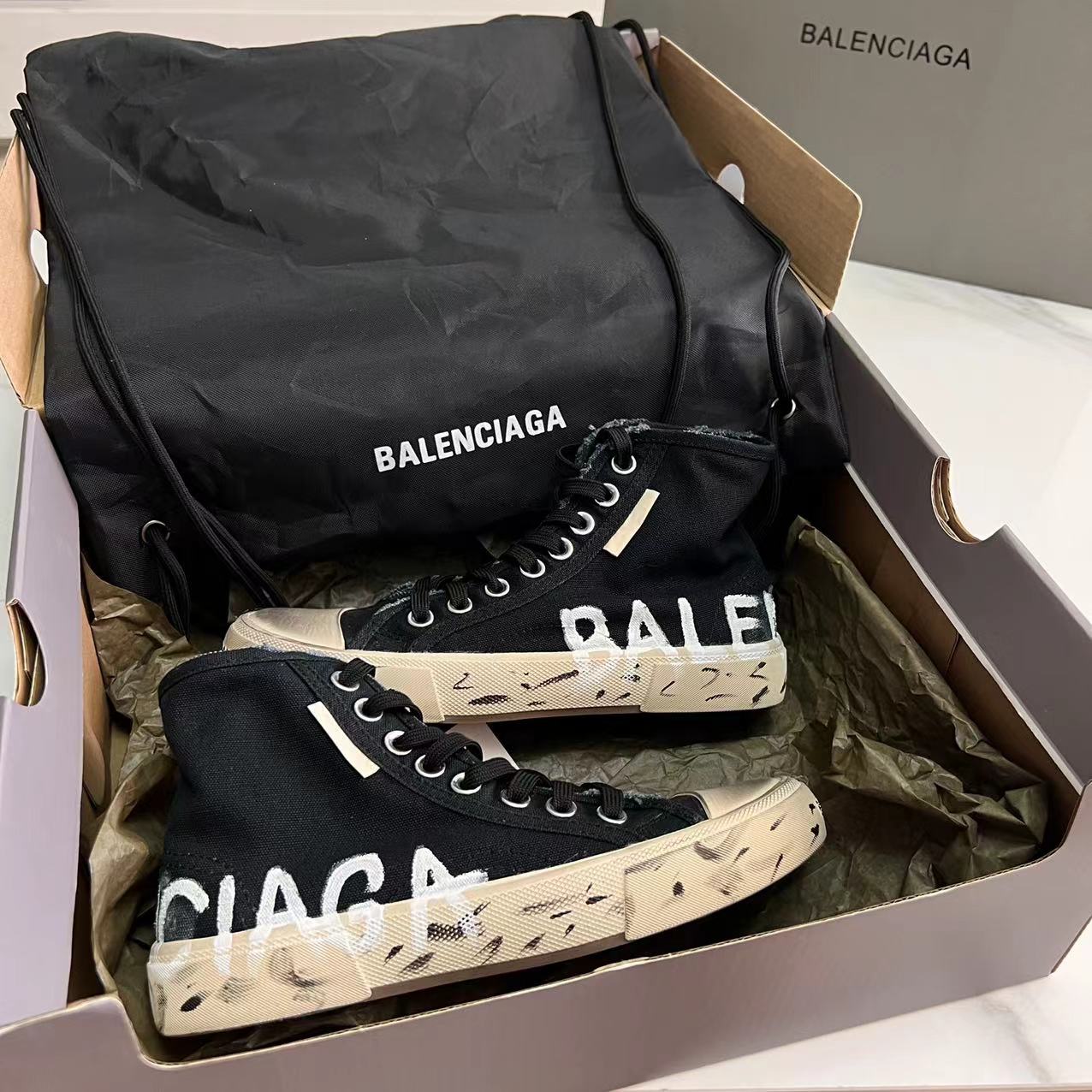 Balenciaga Paris High Top Graffiti Sneaker In Black - DesignerGu