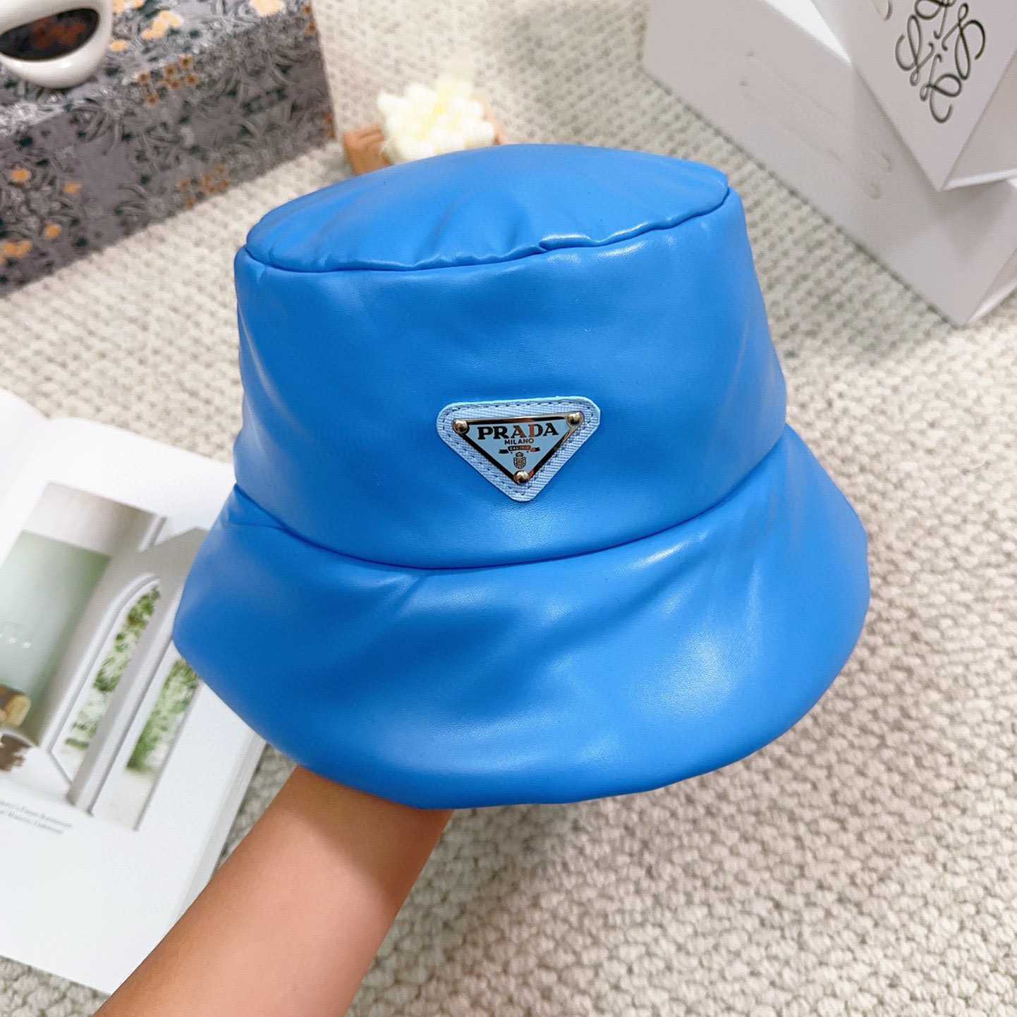 Prada Enamelled-logo Leather Bucket Hat - DesignerGu