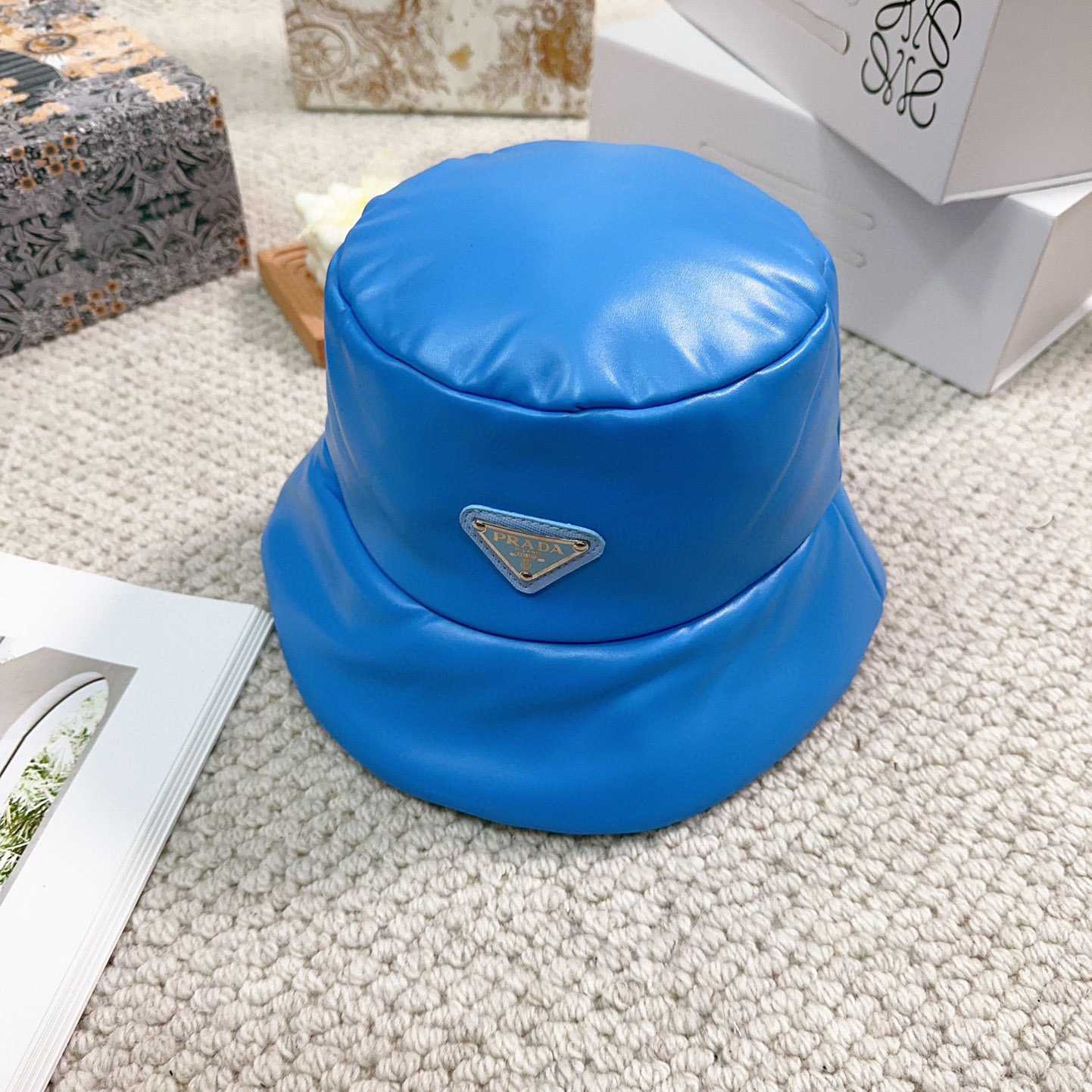 Prada Enamelled-logo Leather Bucket Hat - DesignerGu