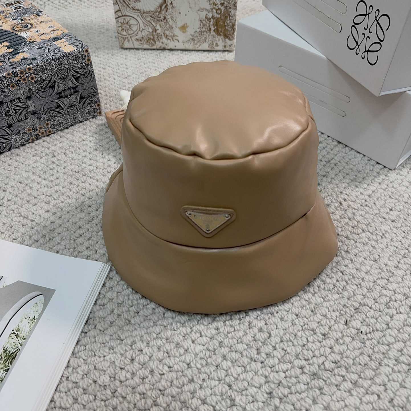 Prada Enamelled-logo Leather Bucket Hat - DesignerGu