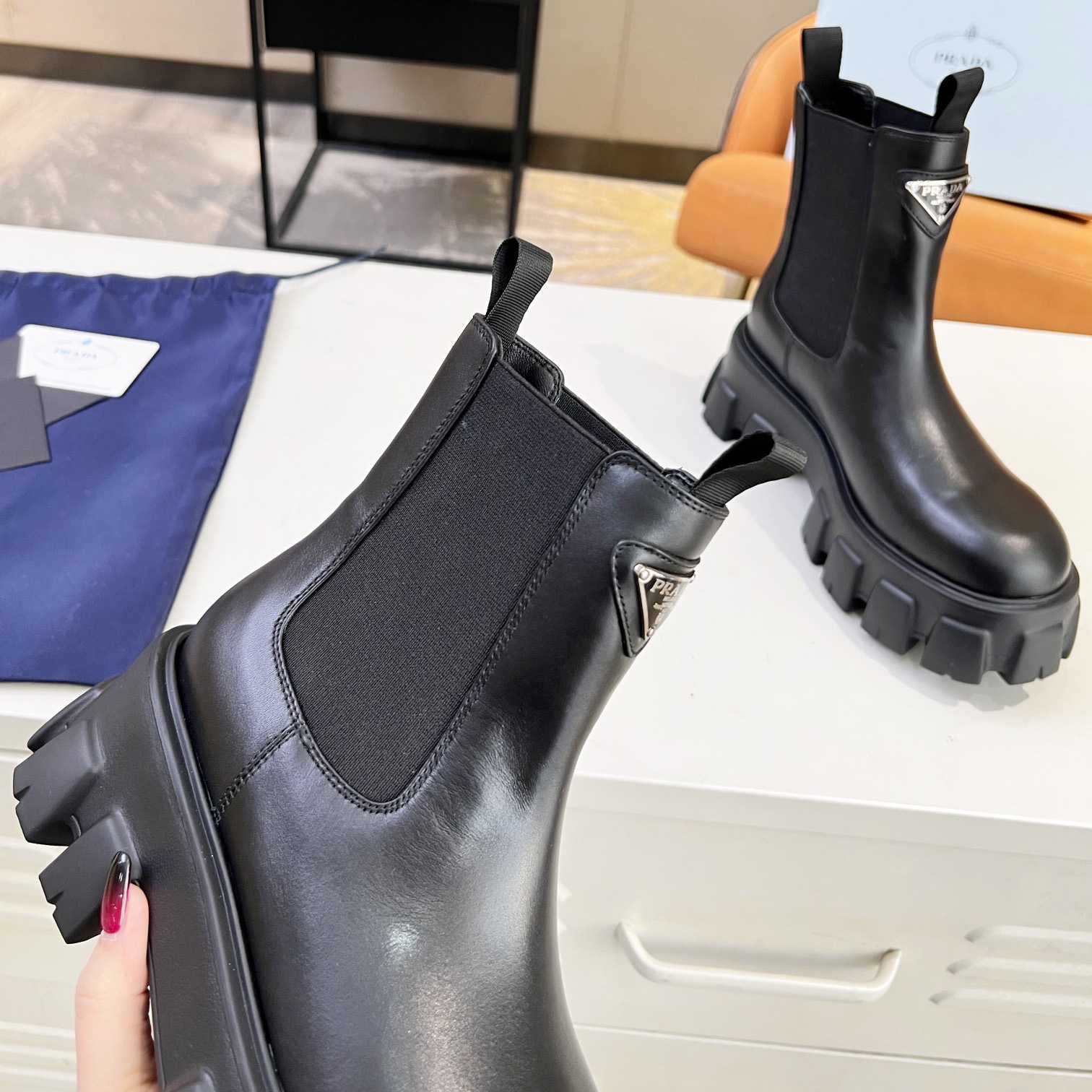 Prada Monolith Brushed Leather Booties - DesignerGu