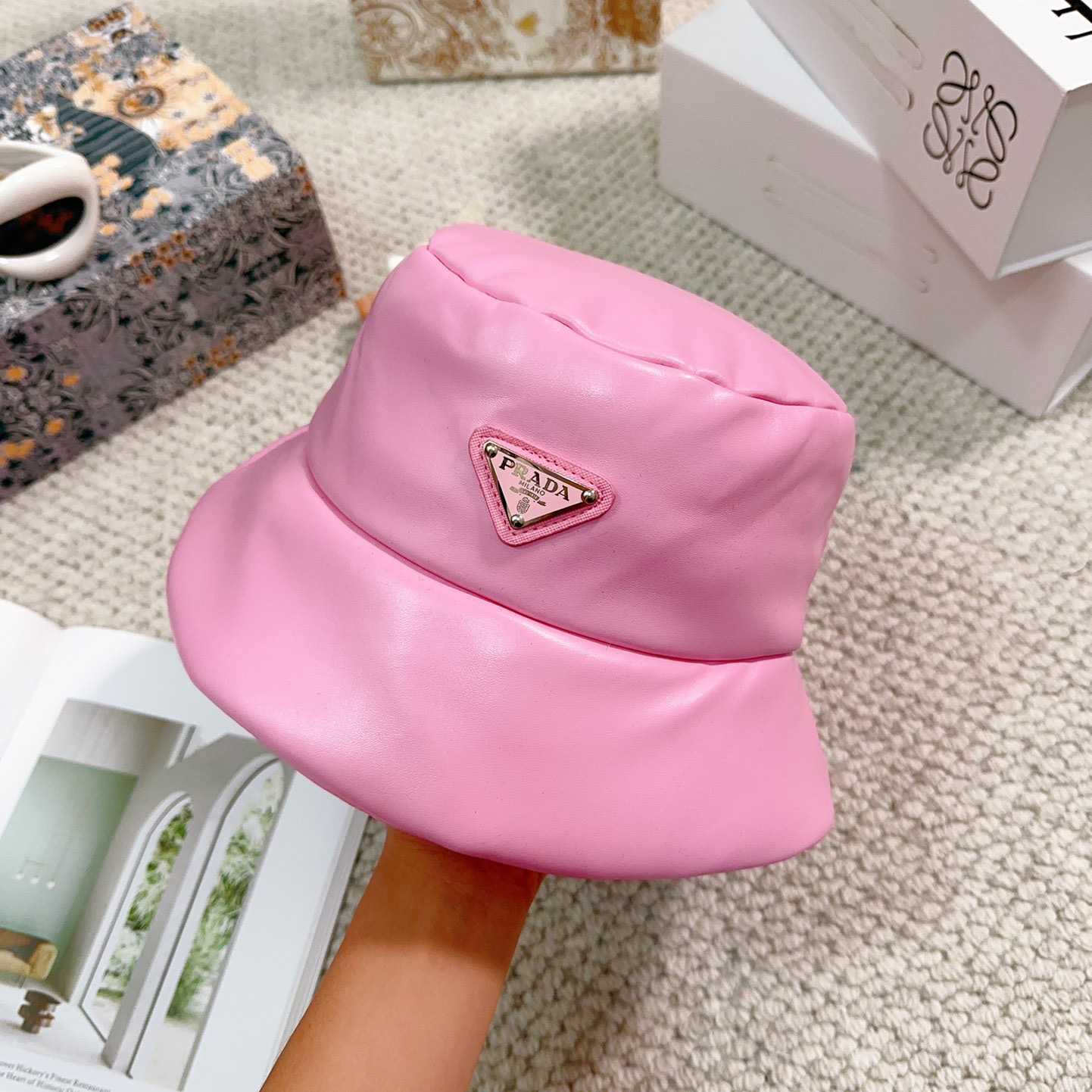 Prada Enamelled-logo Leather Bucket Hat - DesignerGu