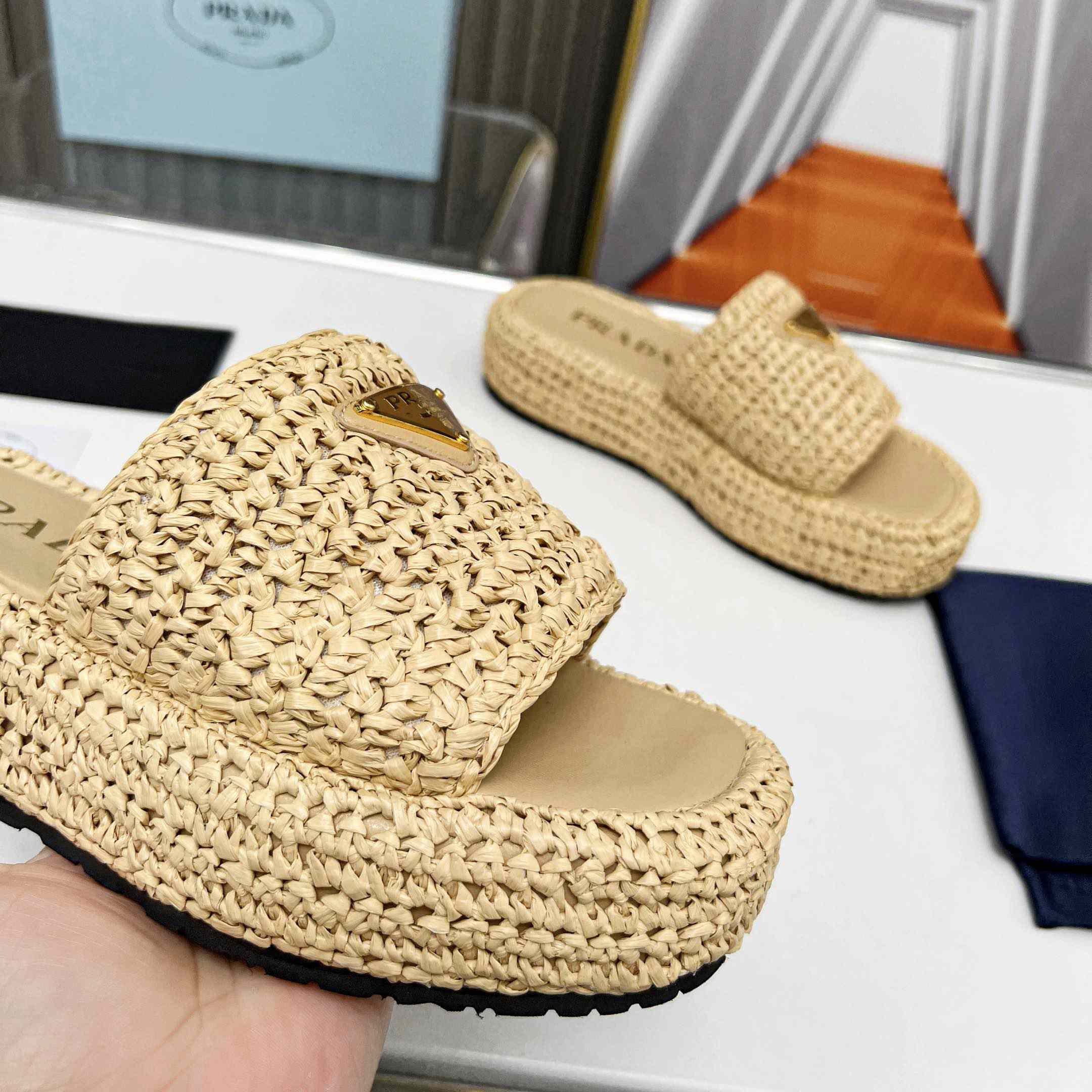 Prada Raffia Single-Band Platform Slides - DesignerGu