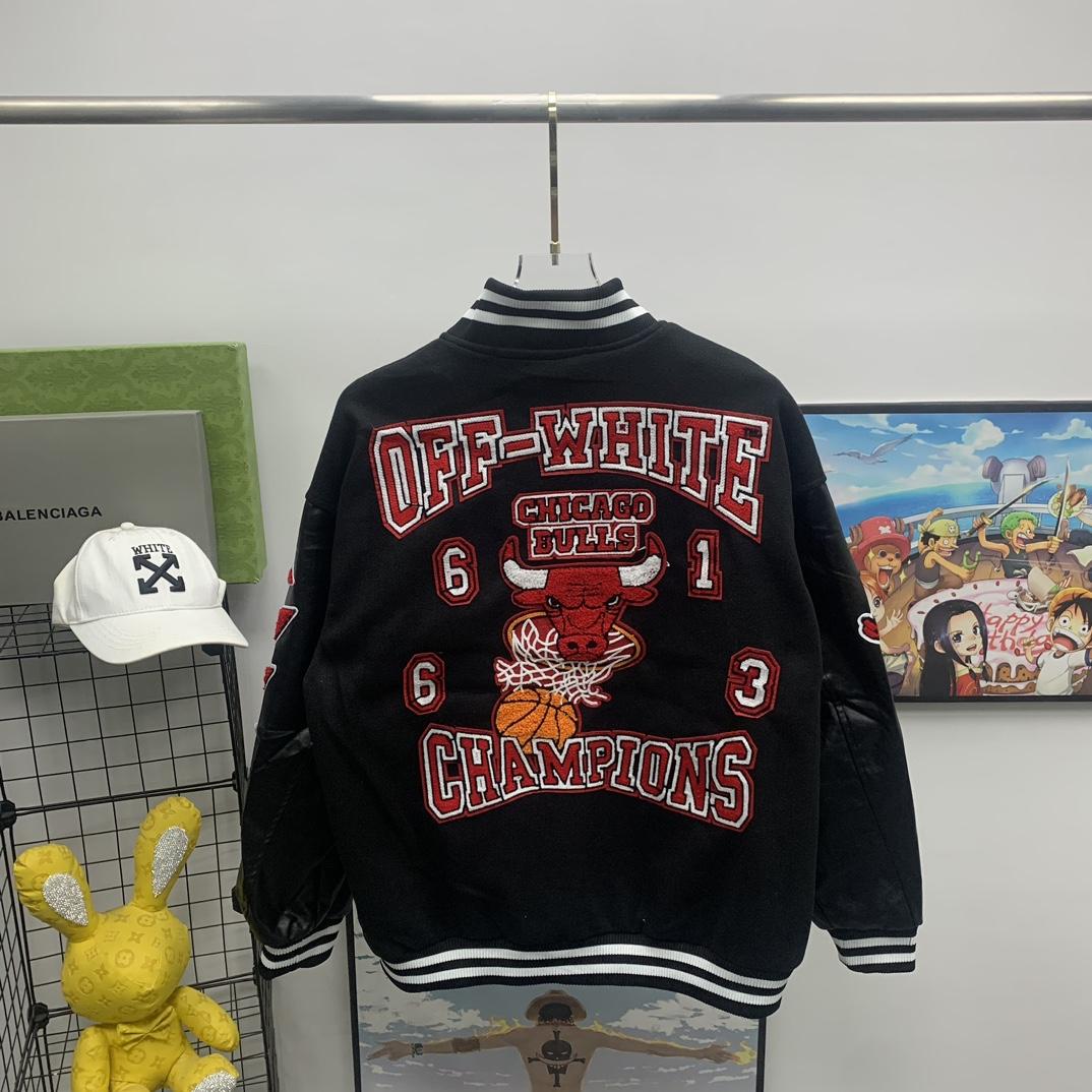 Off White C/O Chicago Bulls Varsity Jacket - DesignerGu