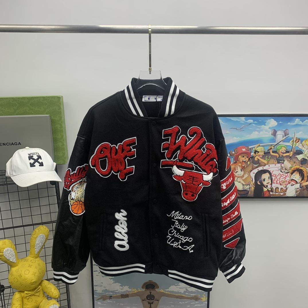 Off White C/O Chicago Bulls Varsity Jacket - DesignerGu