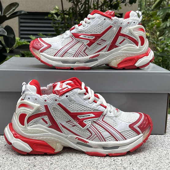 Balenciaga Runner Sneaker In White And Red Mesh And Nylon - DesignerGu