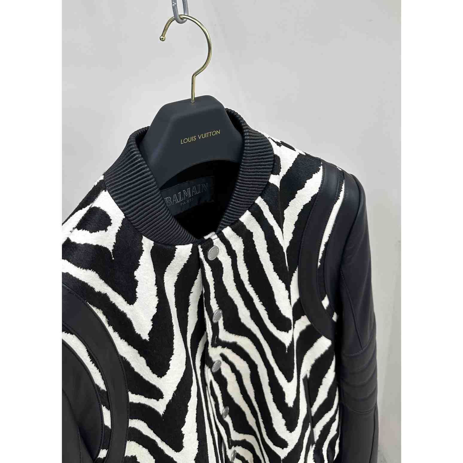 Balmain Zebra Pattern Leather Bomber Jacket - DesignerGu