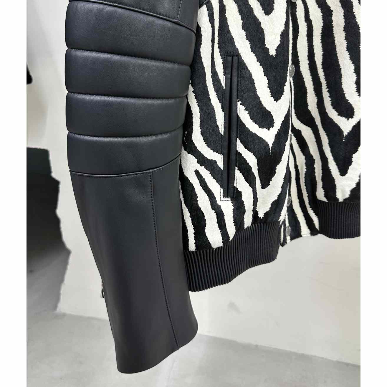 Balmain Zebra Pattern Leather Bomber Jacket - DesignerGu