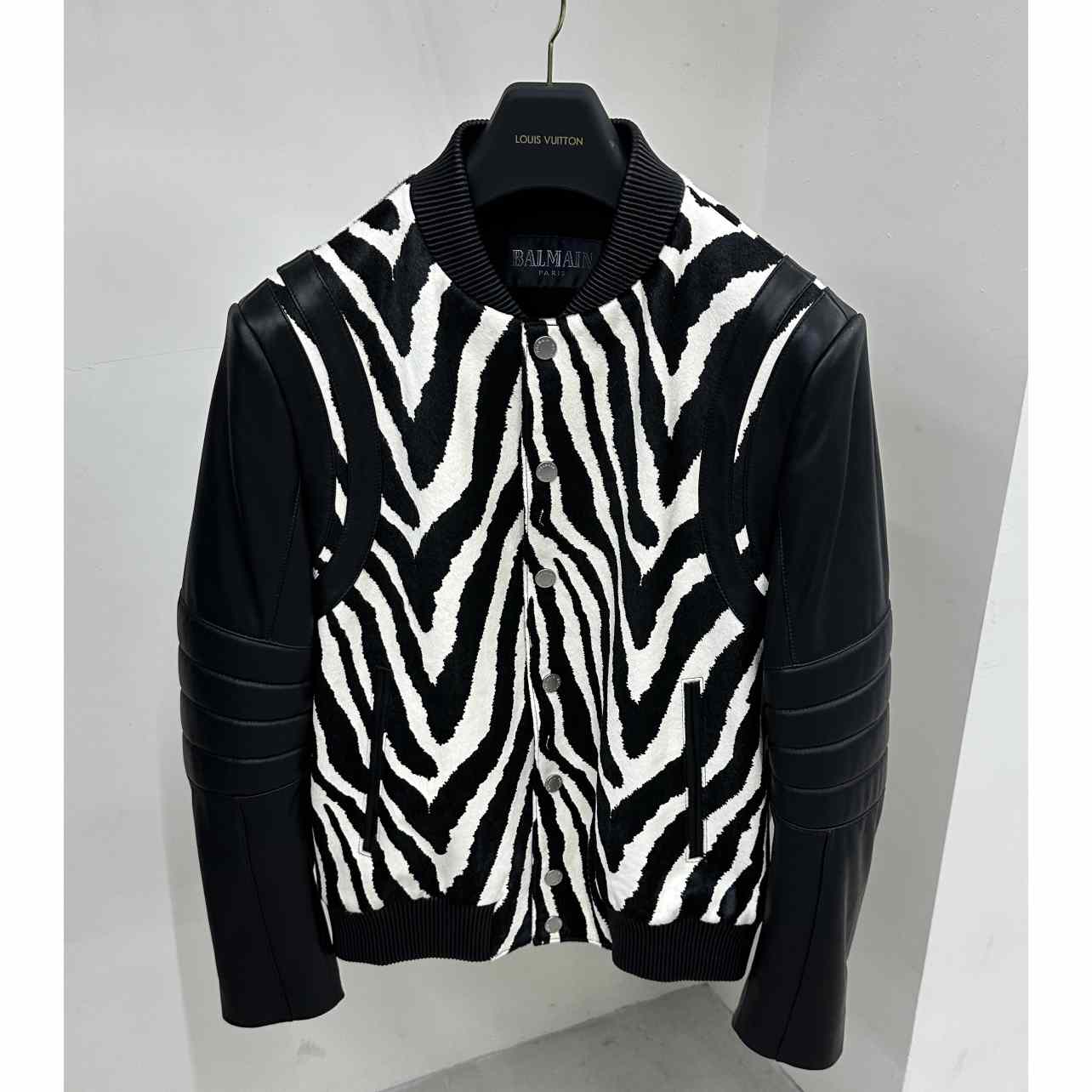 Balmain Zebra Pattern Leather Bomber Jacket - DesignerGu