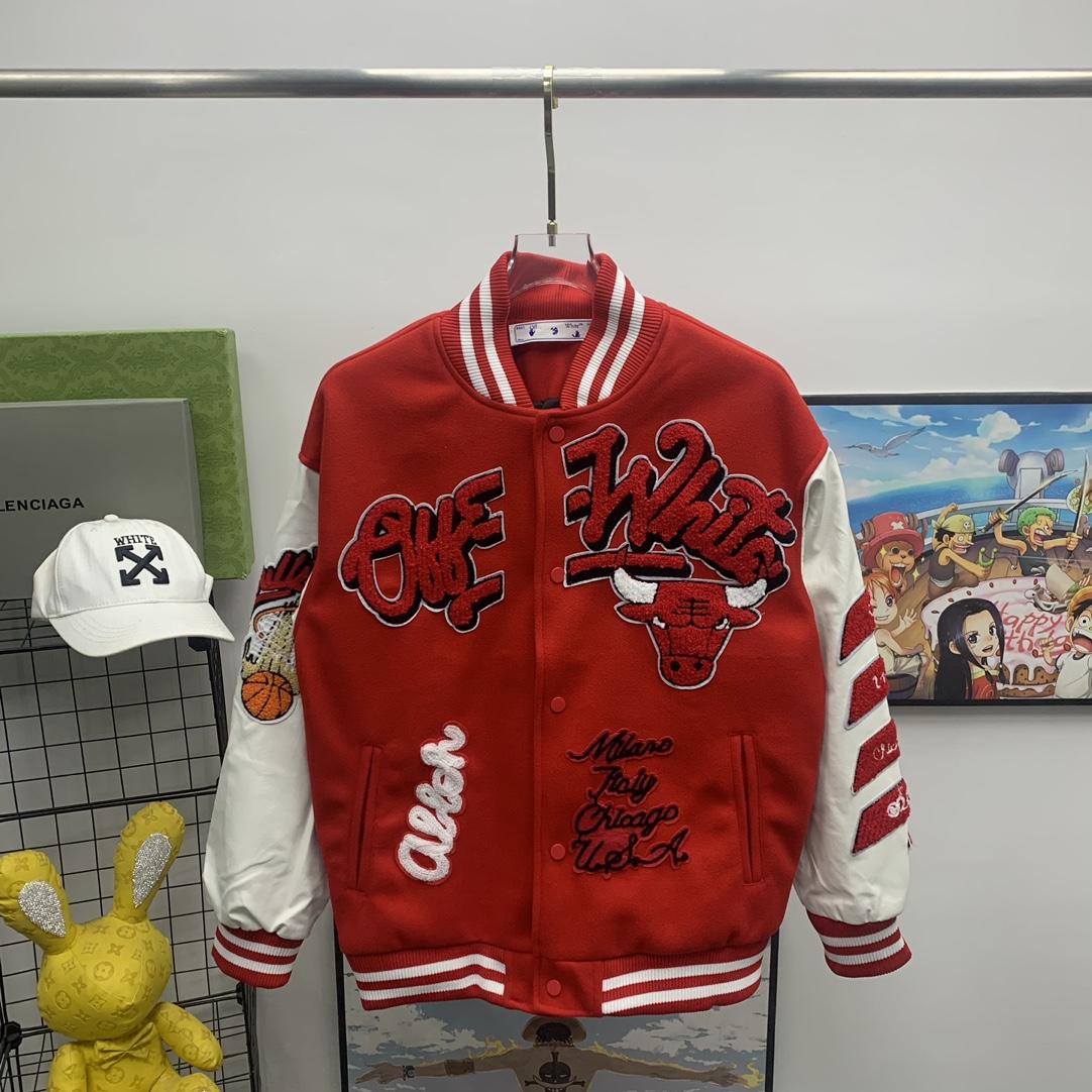 Off White C/O Chicago Bulls Varsity Jacket - DesignerGu