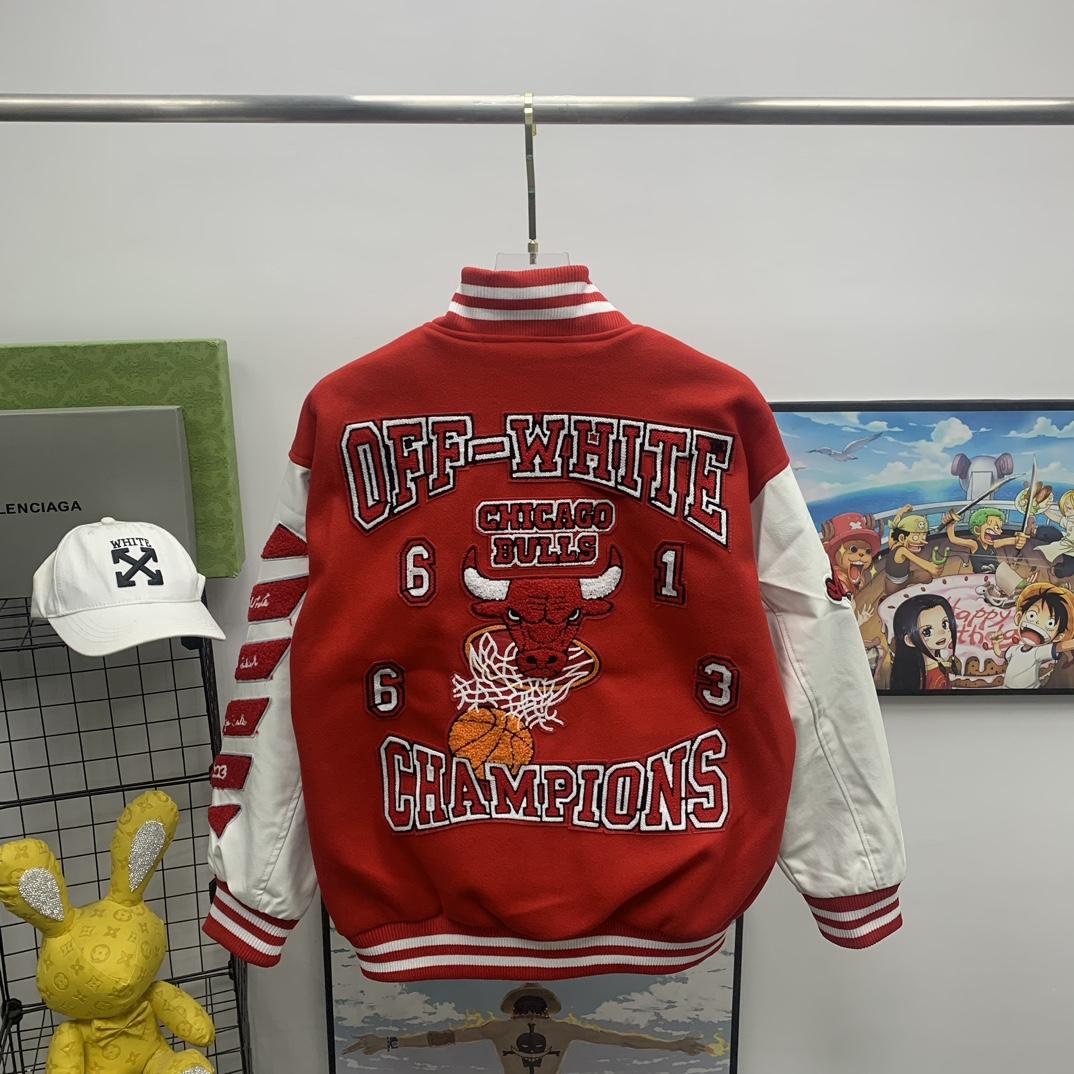 Off White C/O Chicago Bulls Varsity Jacket - DesignerGu