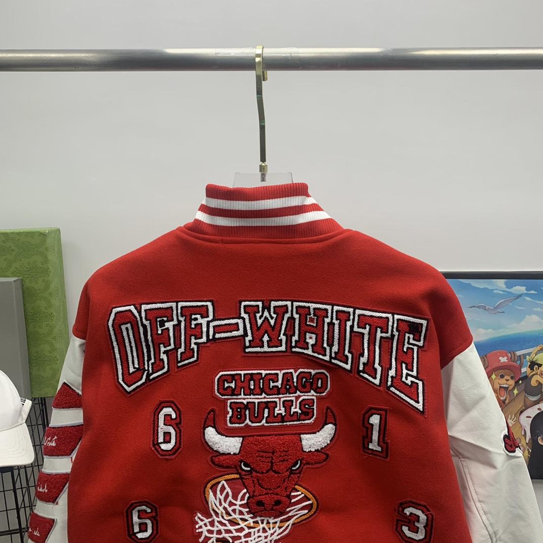 Off White C/O Chicago Bulls Varsity Jacket - DesignerGu