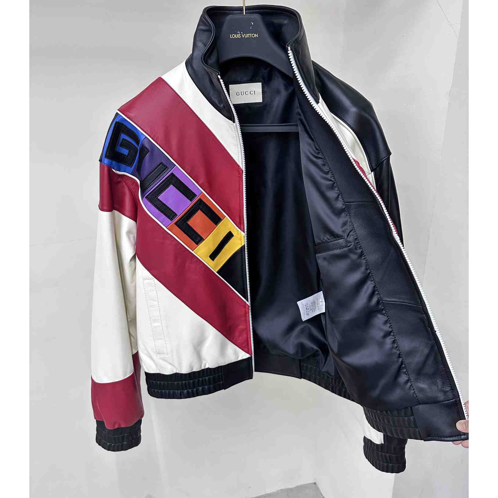 Gucci Leather Bomber Jacket With Gucci Lettering - DesignerGu