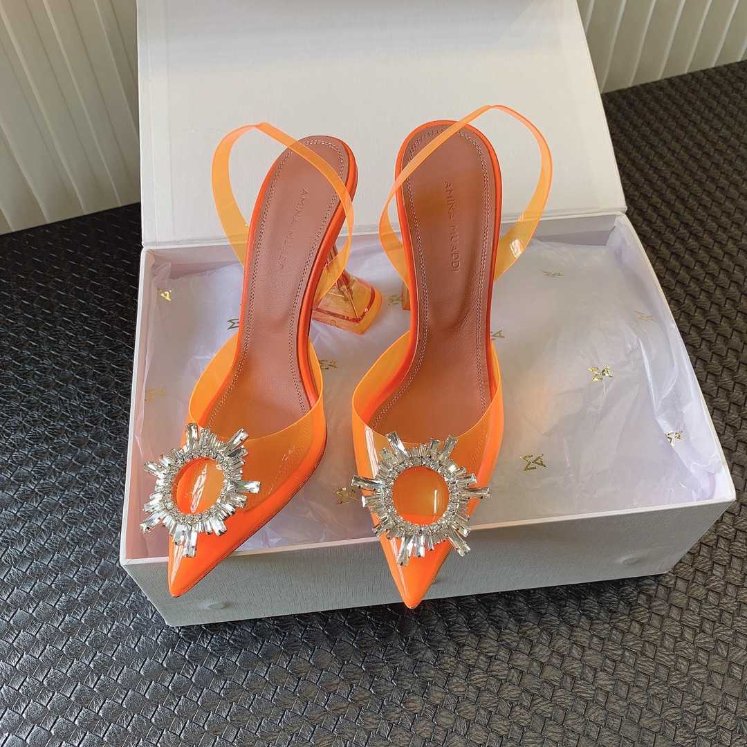 Amina Muaddi Begum Glass Orange Slingbacks - DesignerGu