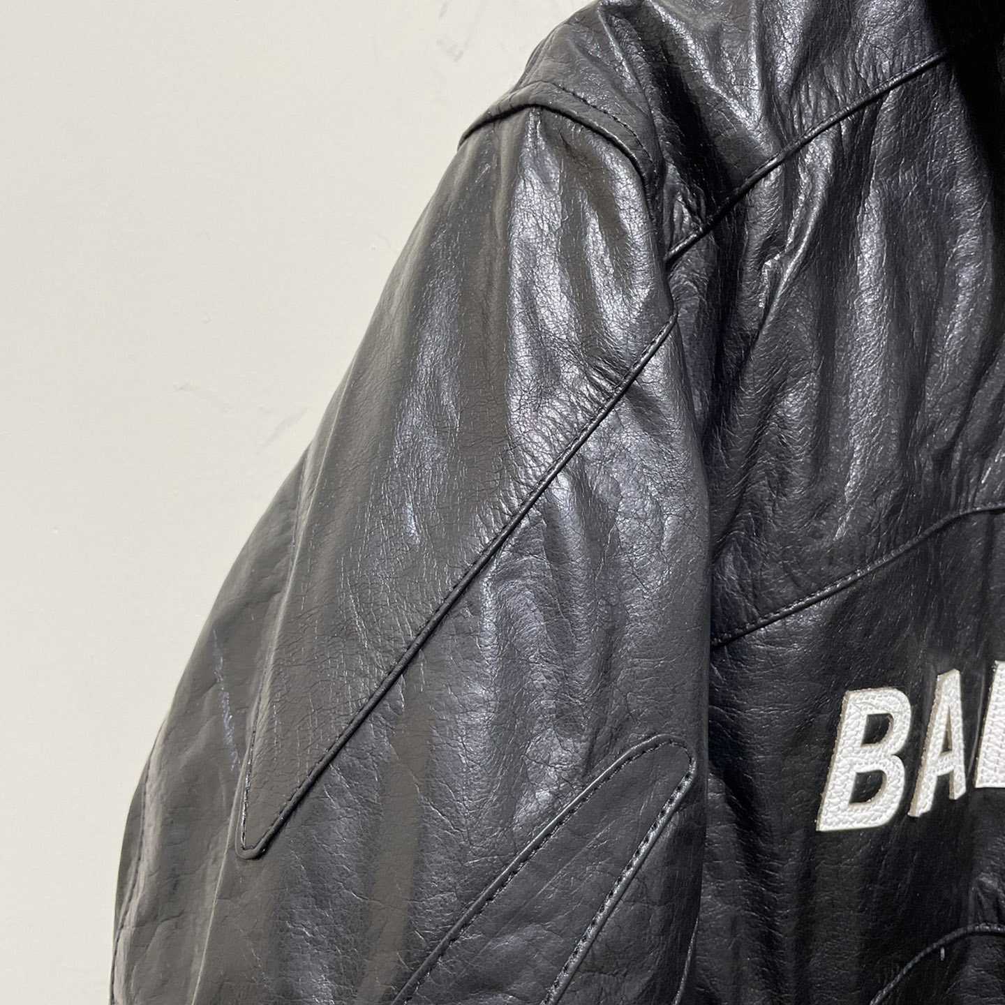 Balenciaga Contrast Logo Leather Moto Jacket - DesignerGu