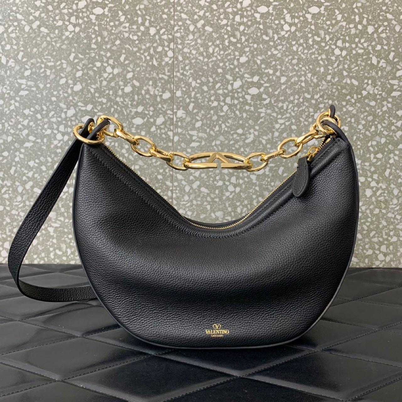 Valenti Small VLogo Moon Hobo Bag In Leather With Chain  - DesignerGu