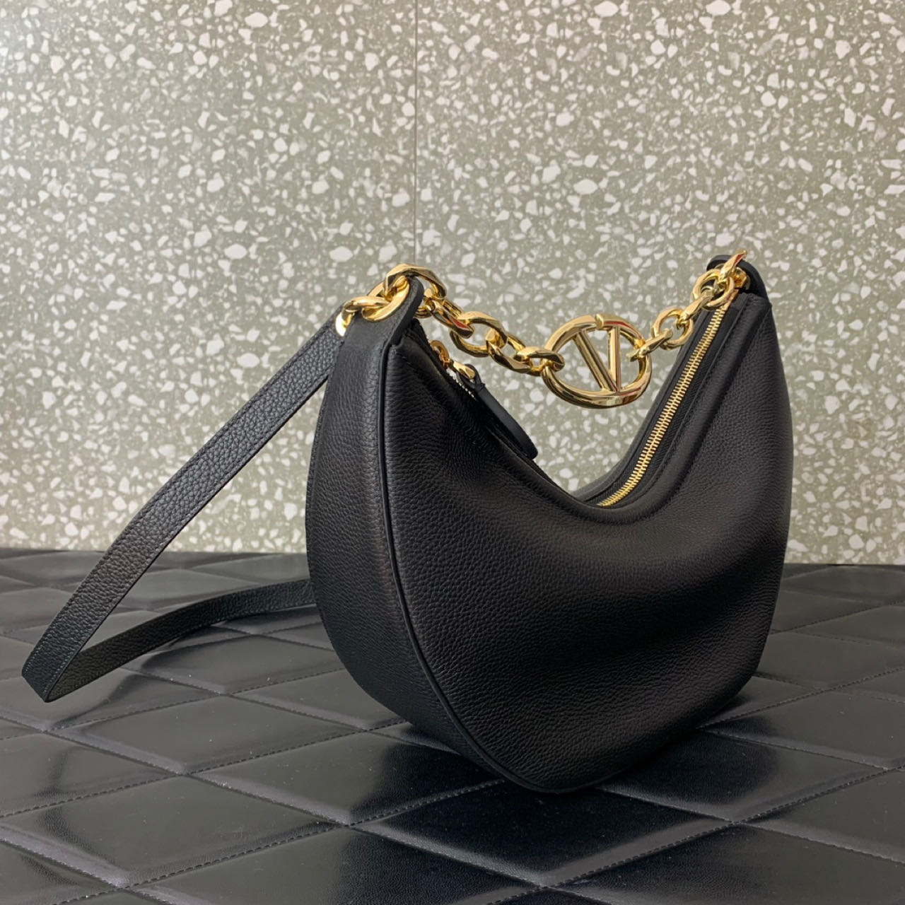 Valenti Small VLogo Moon Hobo Bag In Leather With Chain  - DesignerGu