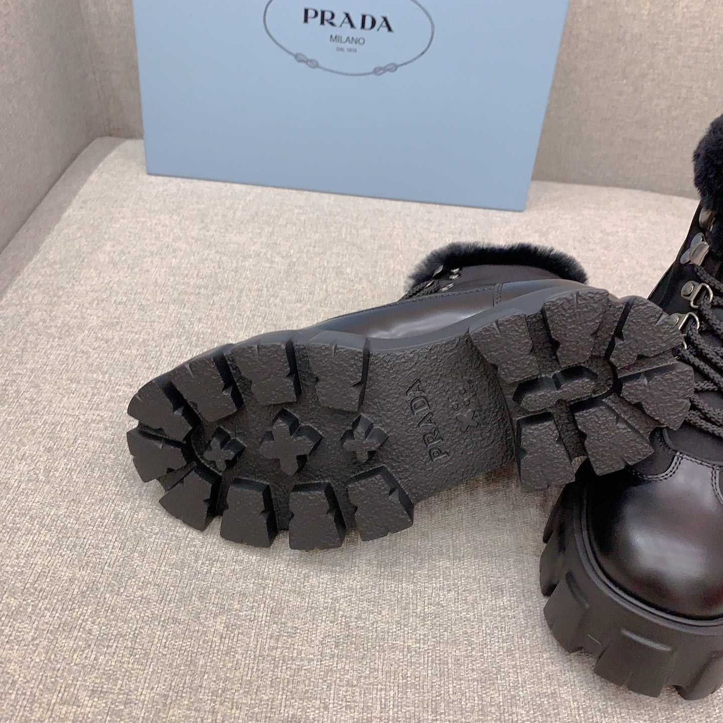 Prada Monolith Leather And Nylon Booties - DesignerGu