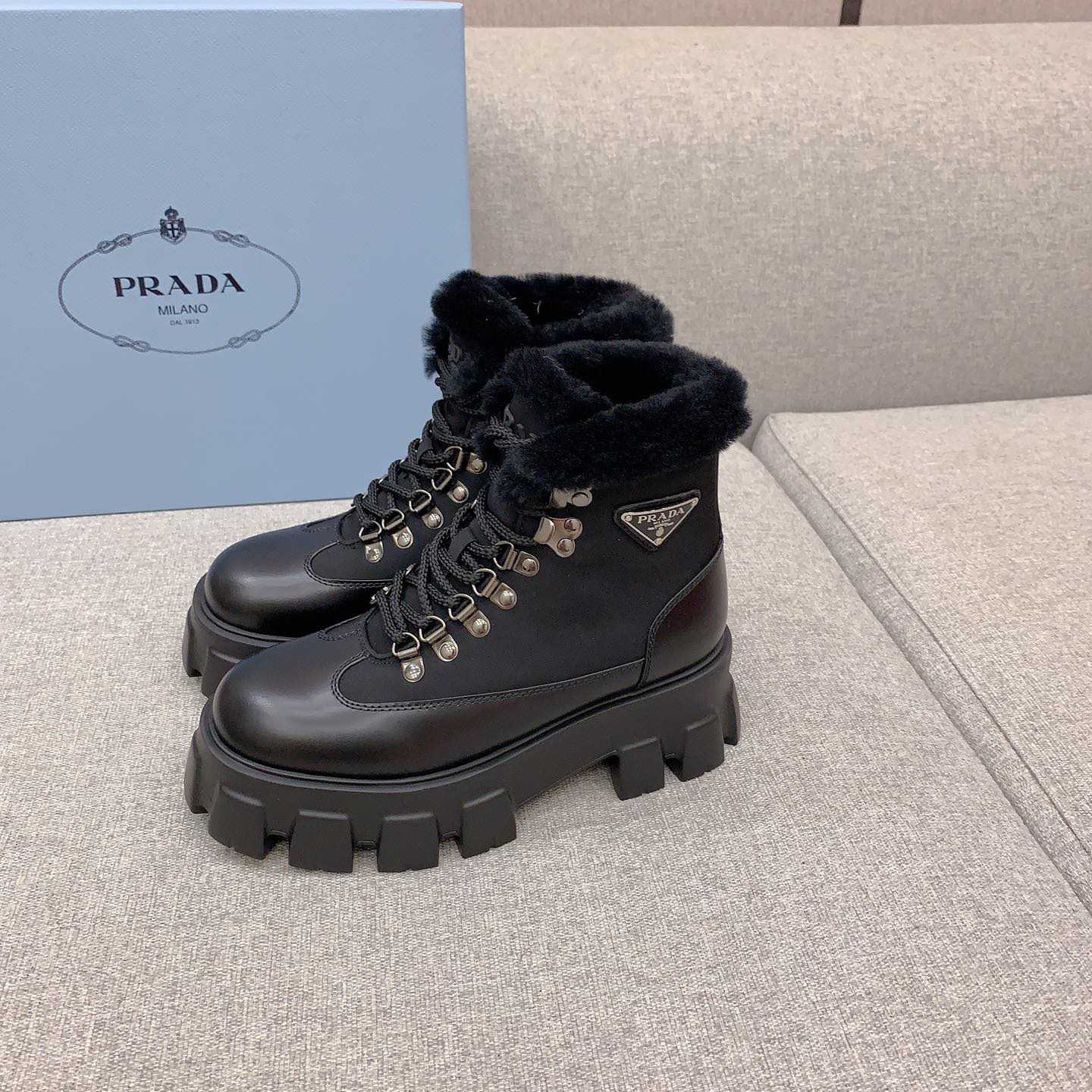 Prada Monolith Leather And Nylon Booties - DesignerGu