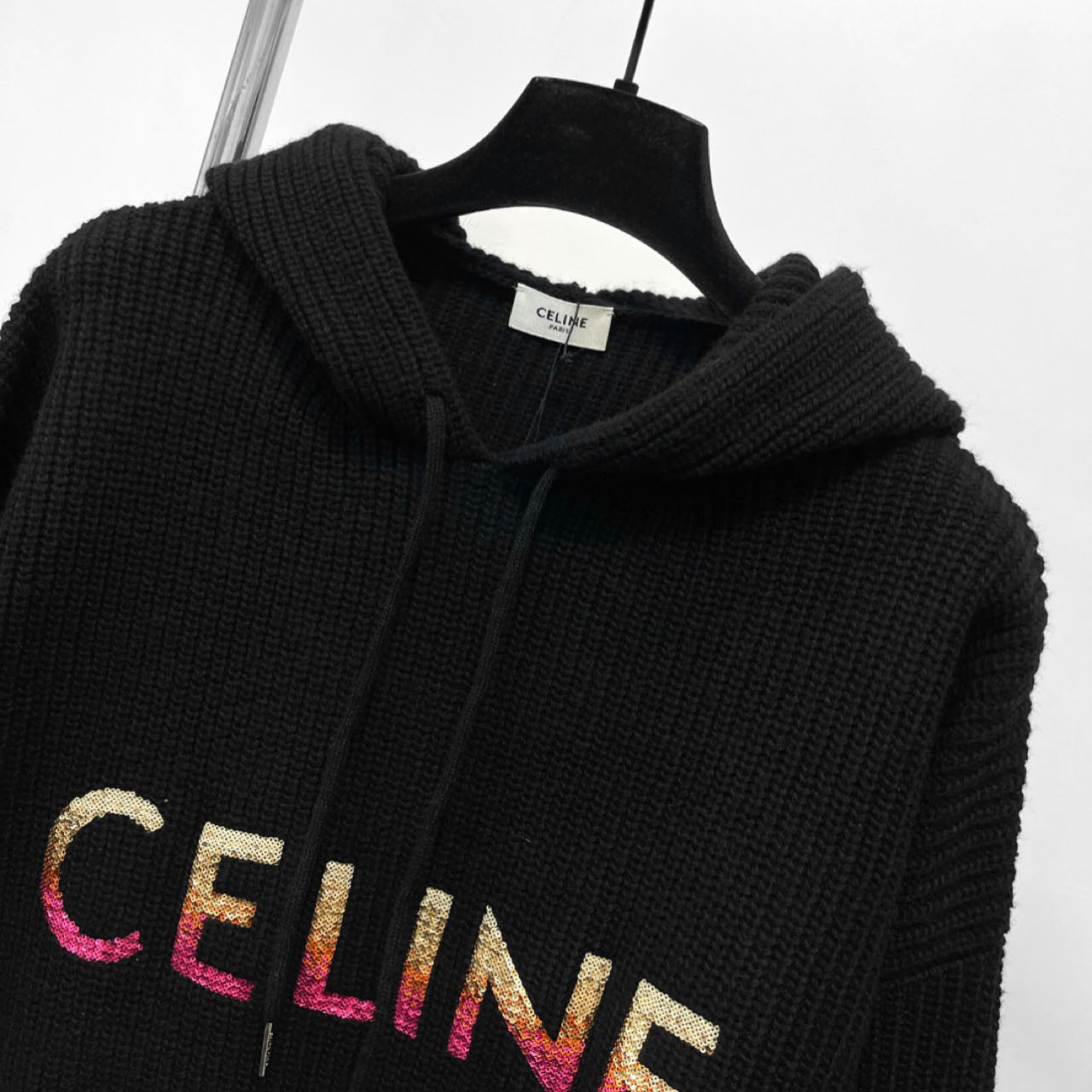 Celine Sequin-Embellished Ribbed Wool Hoodie - DesignerGu