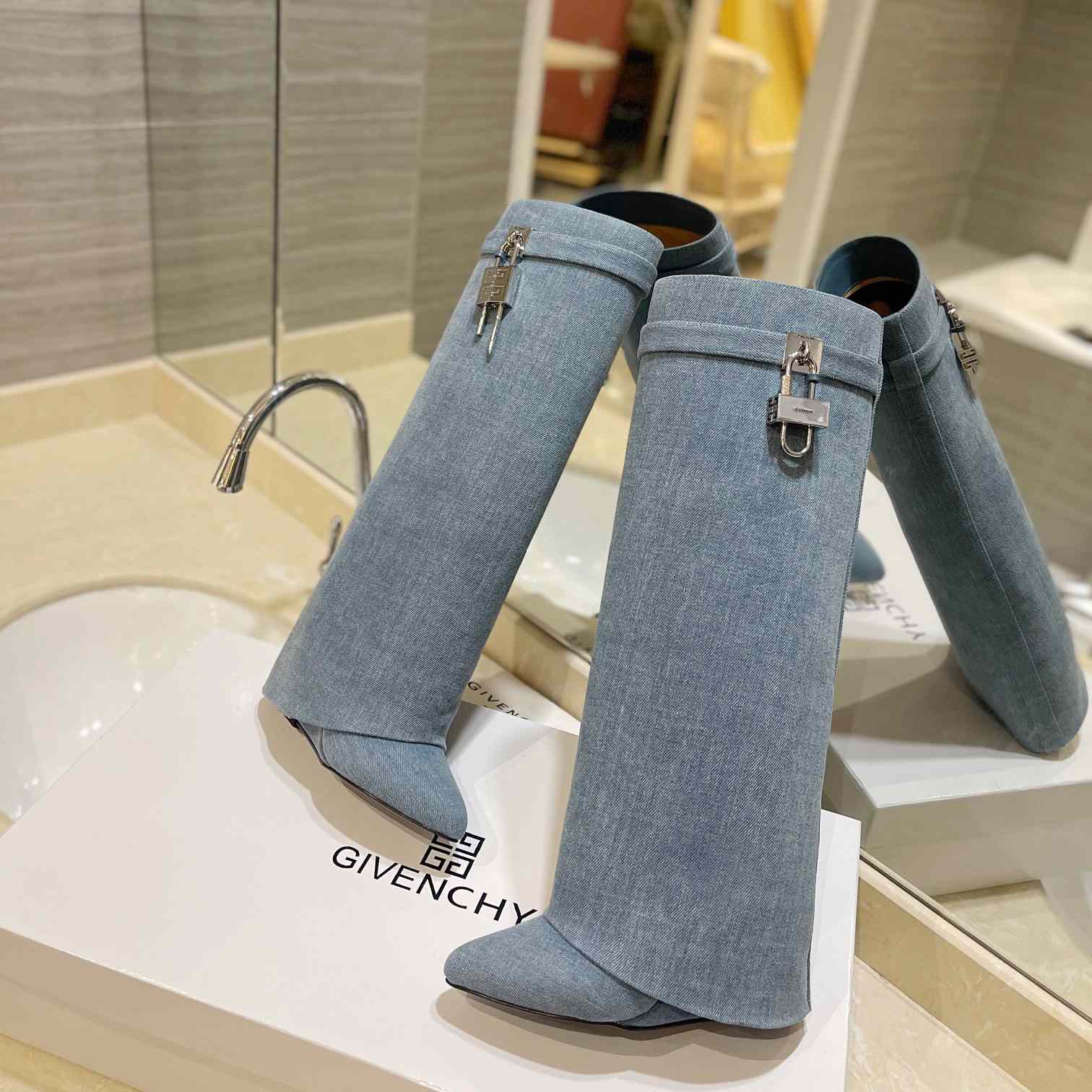 Givenchy Shark Lock Boots In Washed Denim - DesignerGu