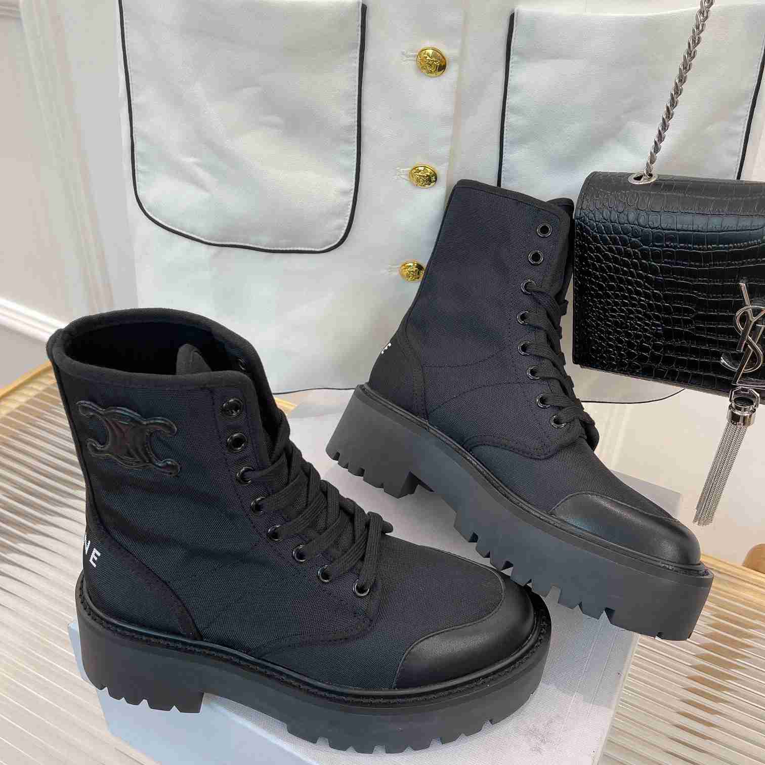 Celine Bulky Laced Up Boot In Nylon And Shiny Bull - DesignerGu