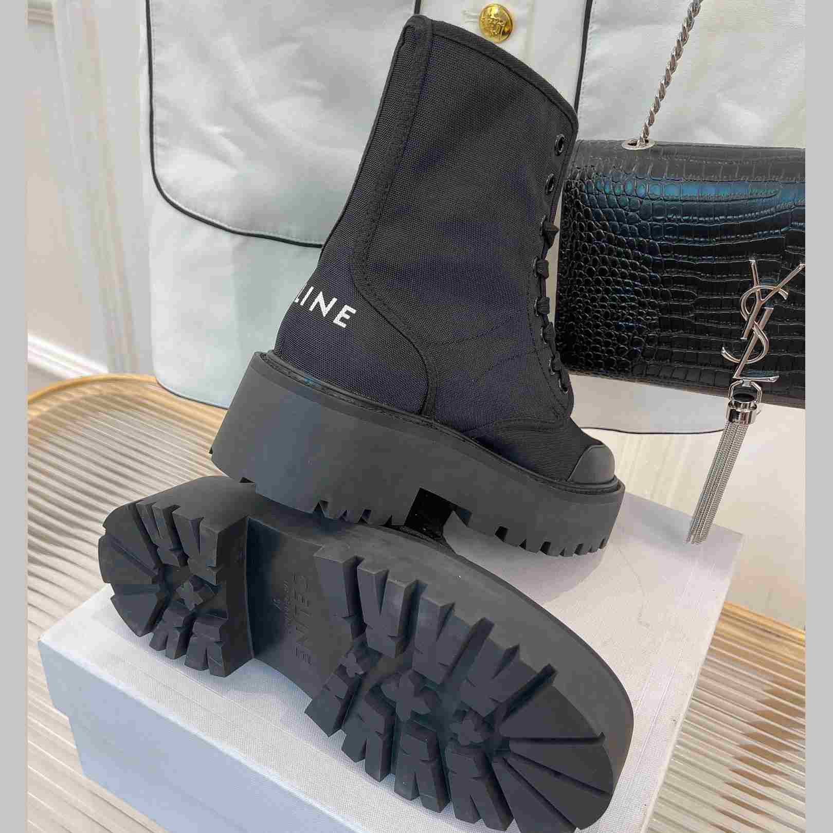 Celine Bulky Laced Up Boot In Nylon And Shiny Bull - DesignerGu