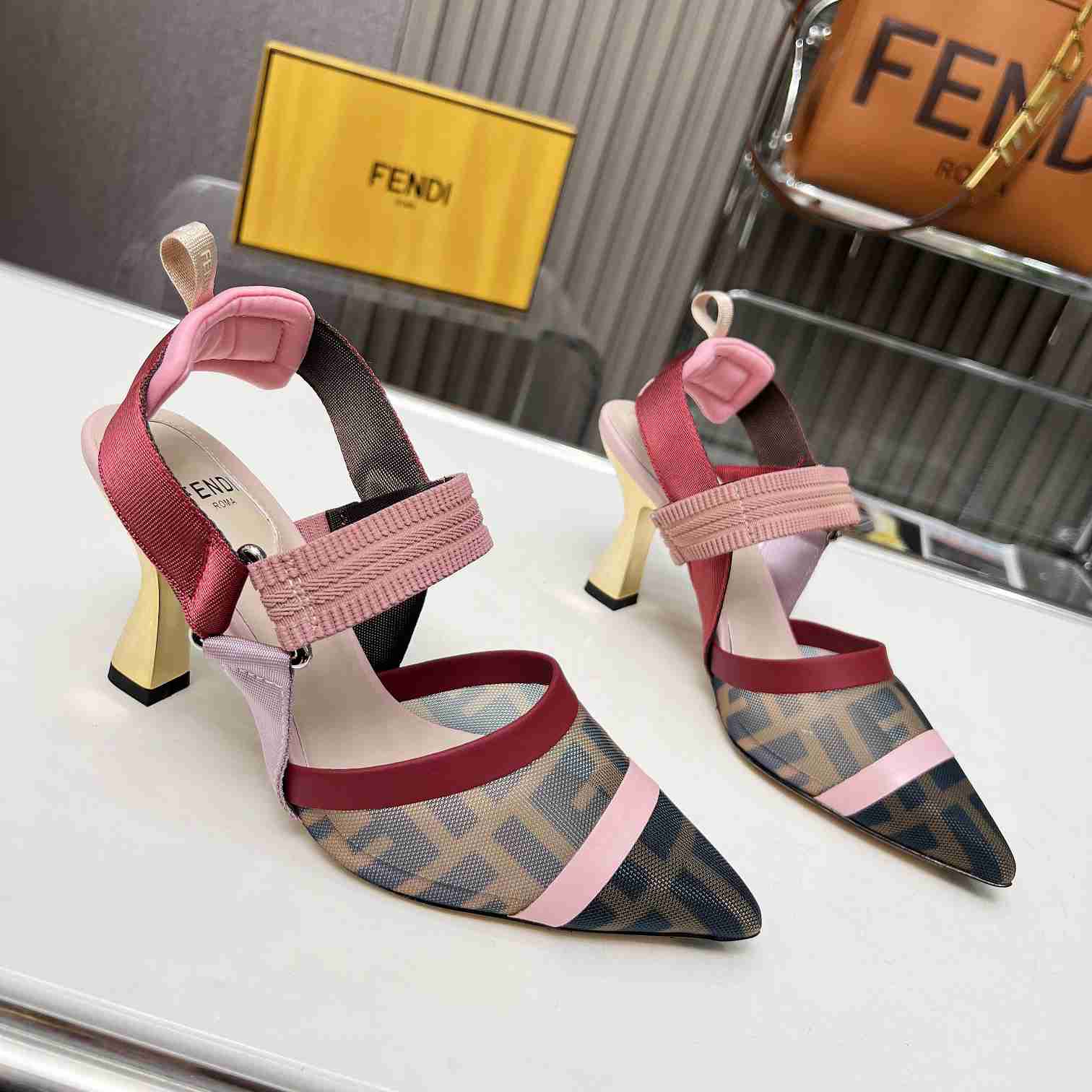 Fendi Colibrì Brown Mesh High-heeled Slingbacks - DesignerGu