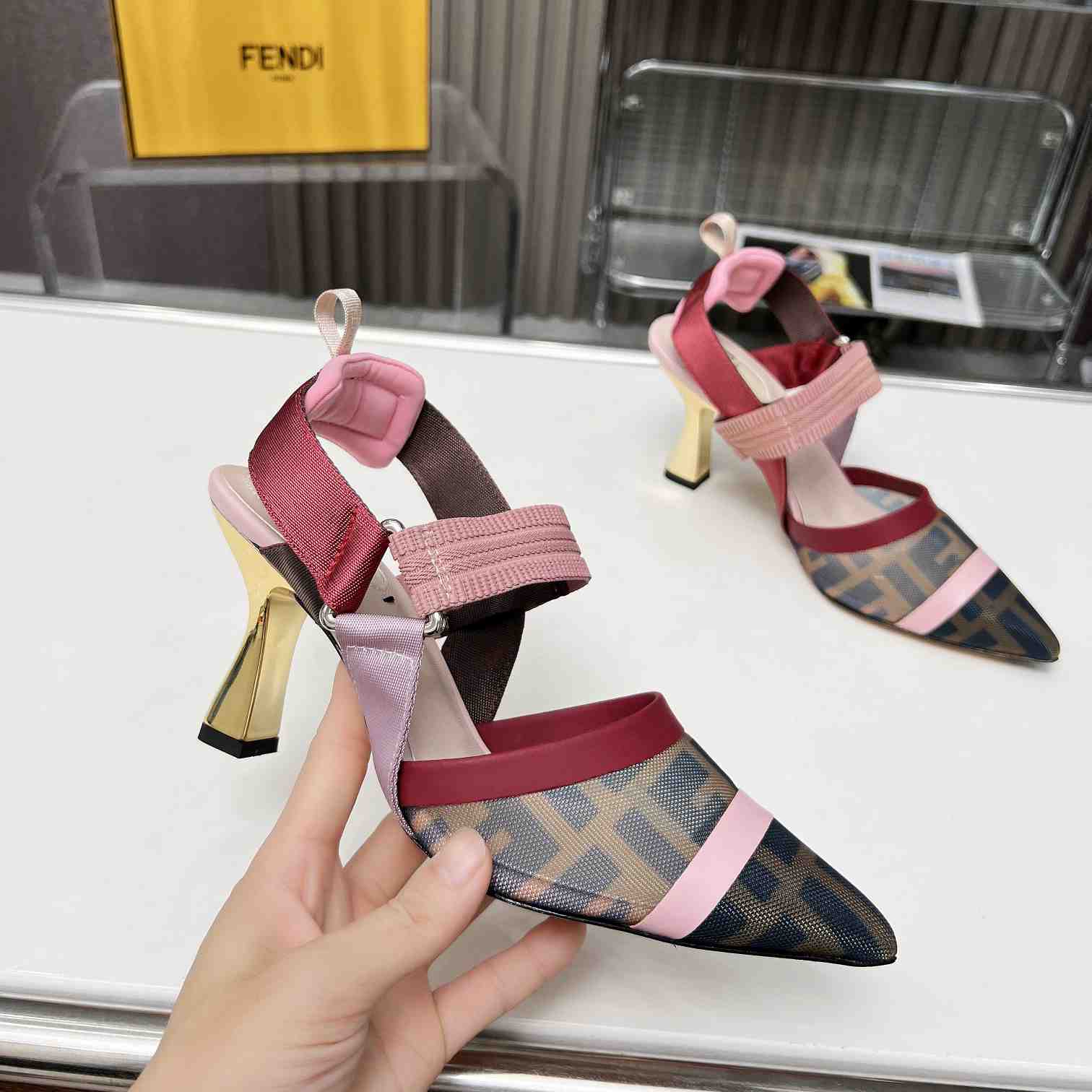 Fendi Colibrì Brown Mesh High-heeled Slingbacks - DesignerGu