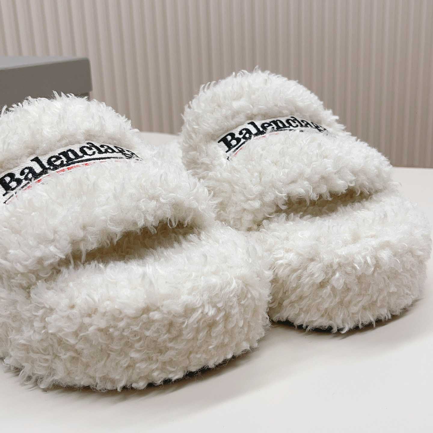 Balenciaga Furry Platform Sandal In White - DesignerGu