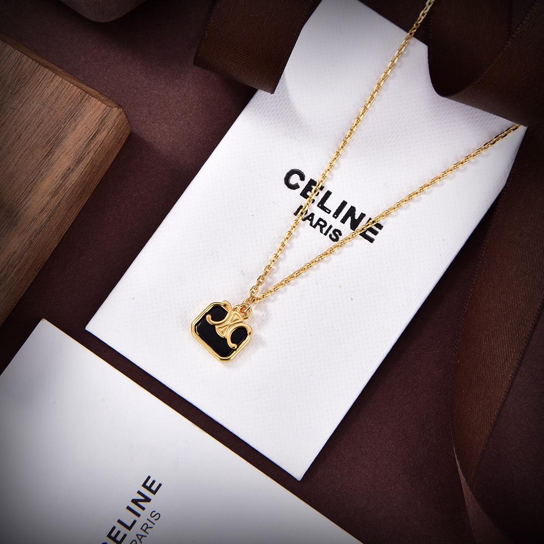 Celine Triomphe Indie Small Charms Necklace In Brass With Gold Finish And Nero Assoluto - DesignerGu