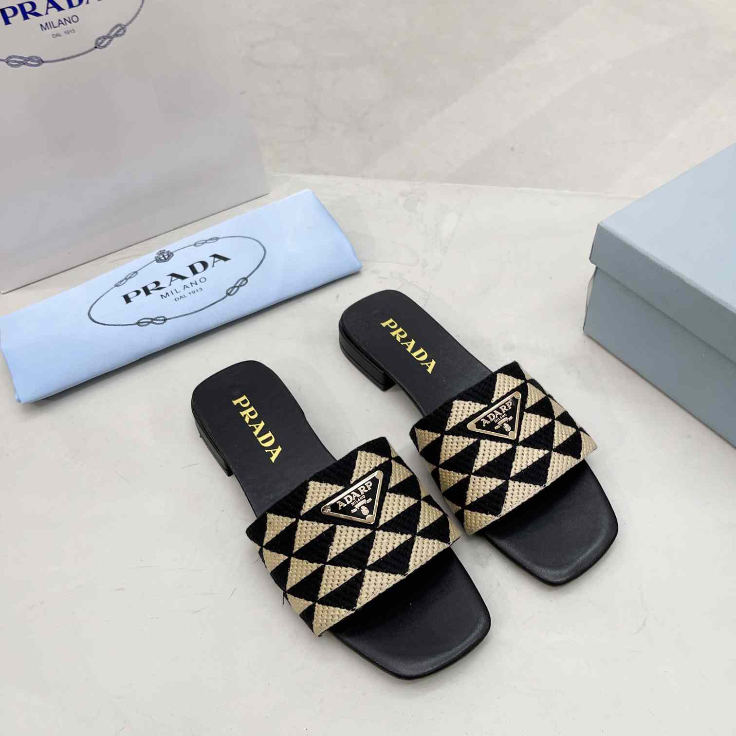 Prada Embroidered Fabric Slides - DesignerGu