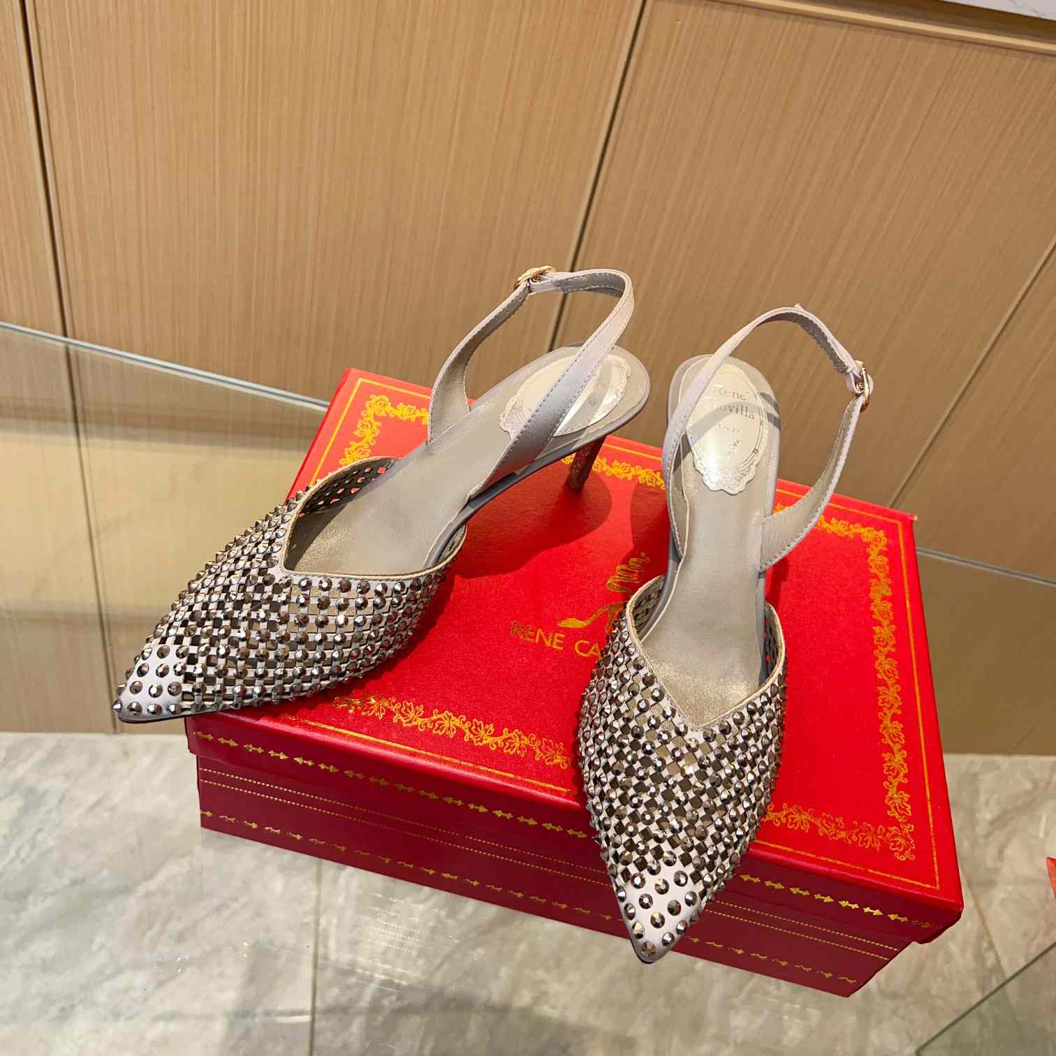 Rene Caovilla Ginger Crystal Silver Slingback 80 - DesignerGu