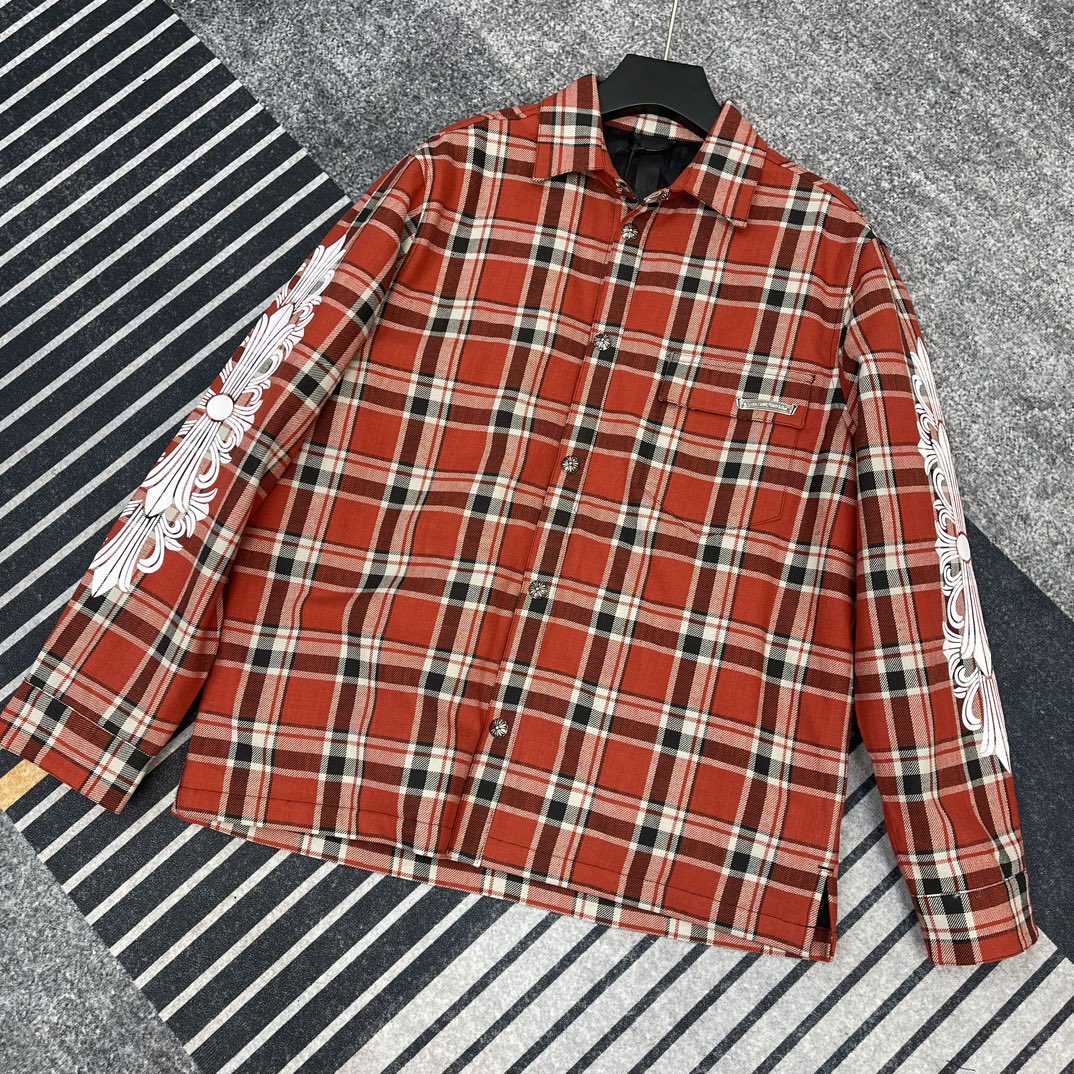 Chrome Heart Red Plaid Silver Buttons Flannel Jacket - DesignerGu