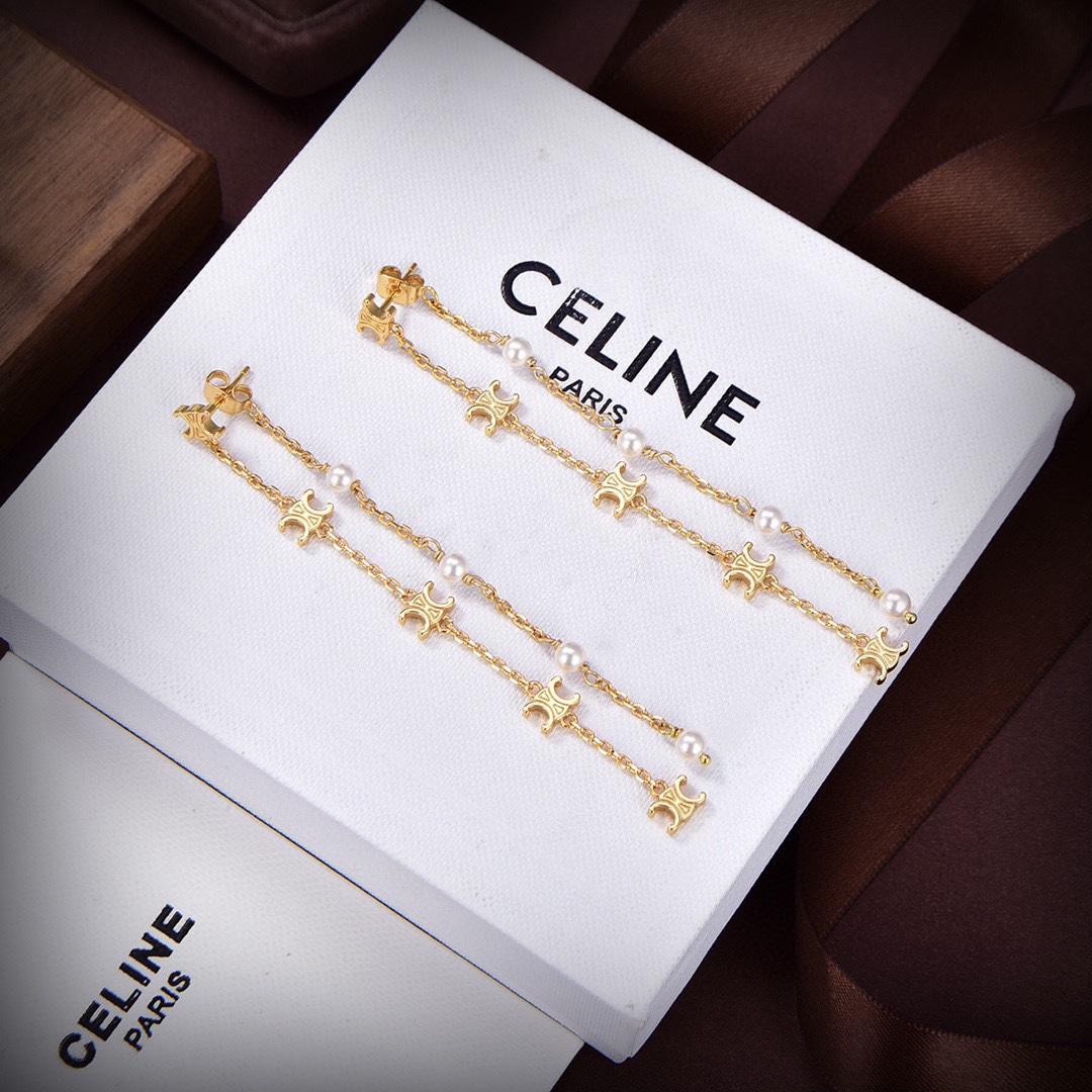 Celine Triomphe Long Pearl Earrings In Brass With Gold Finish And Resin Pearls - DesignerGu