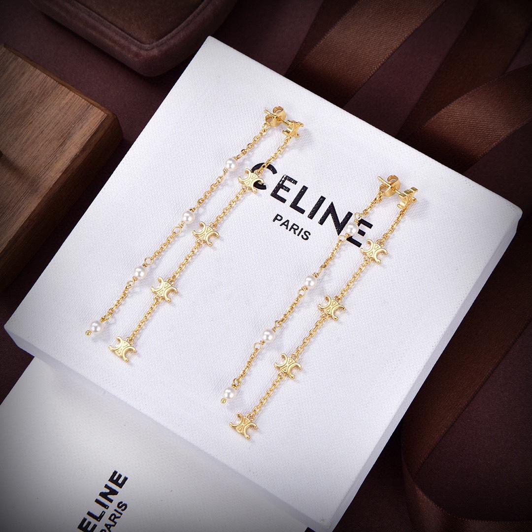 Celine Triomphe Long Pearl Earrings In Brass With Gold Finish And Resin Pearls - DesignerGu