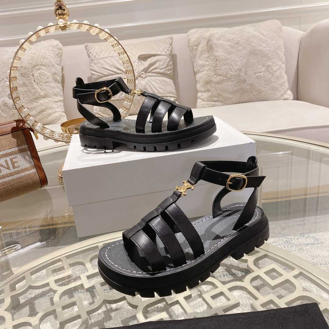 Celine Clea Triomphe Gladiator Sandal In Calfskin - Vegetal Tanning Black - DesignerGu