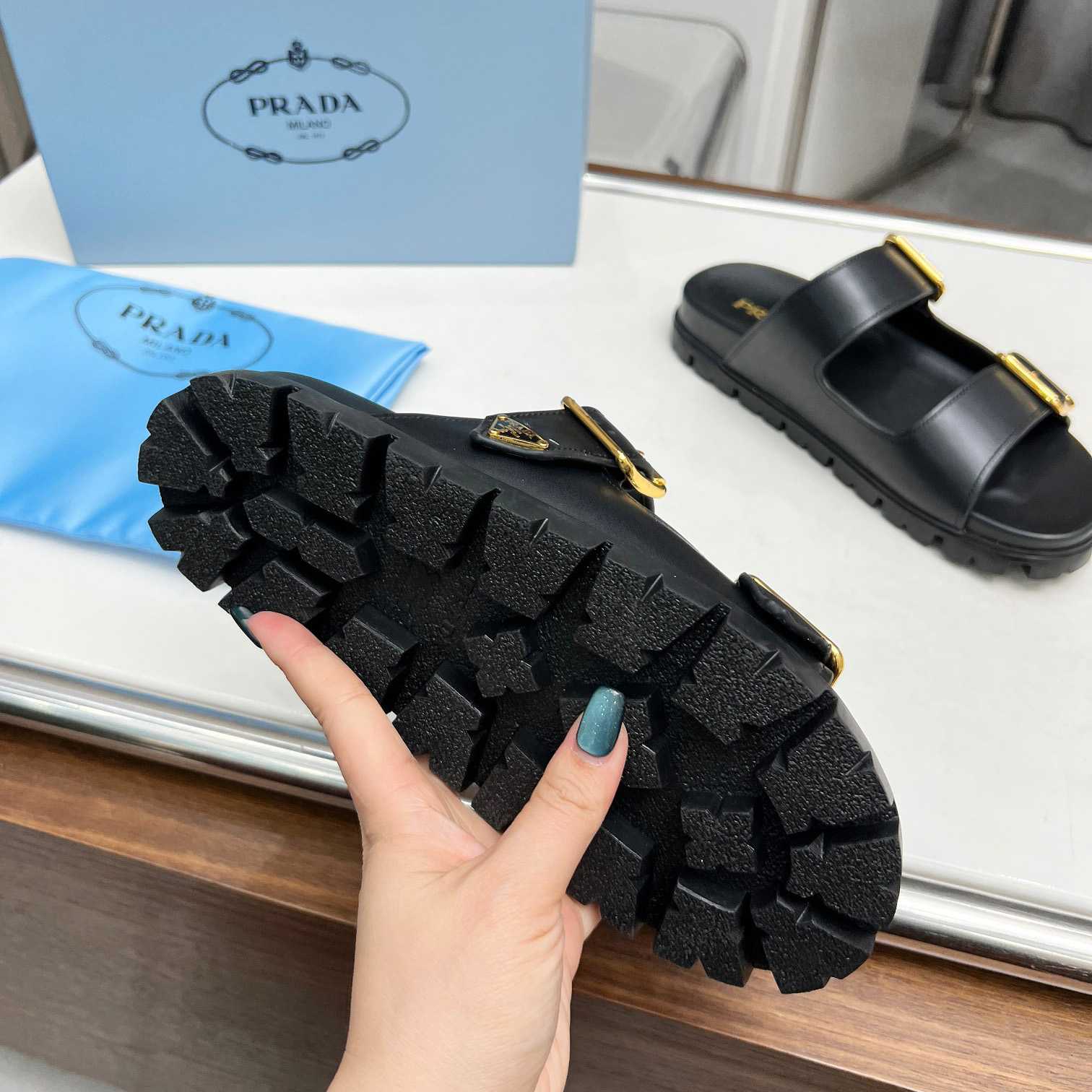 Prada Leather Strap Slides - DesignerGu