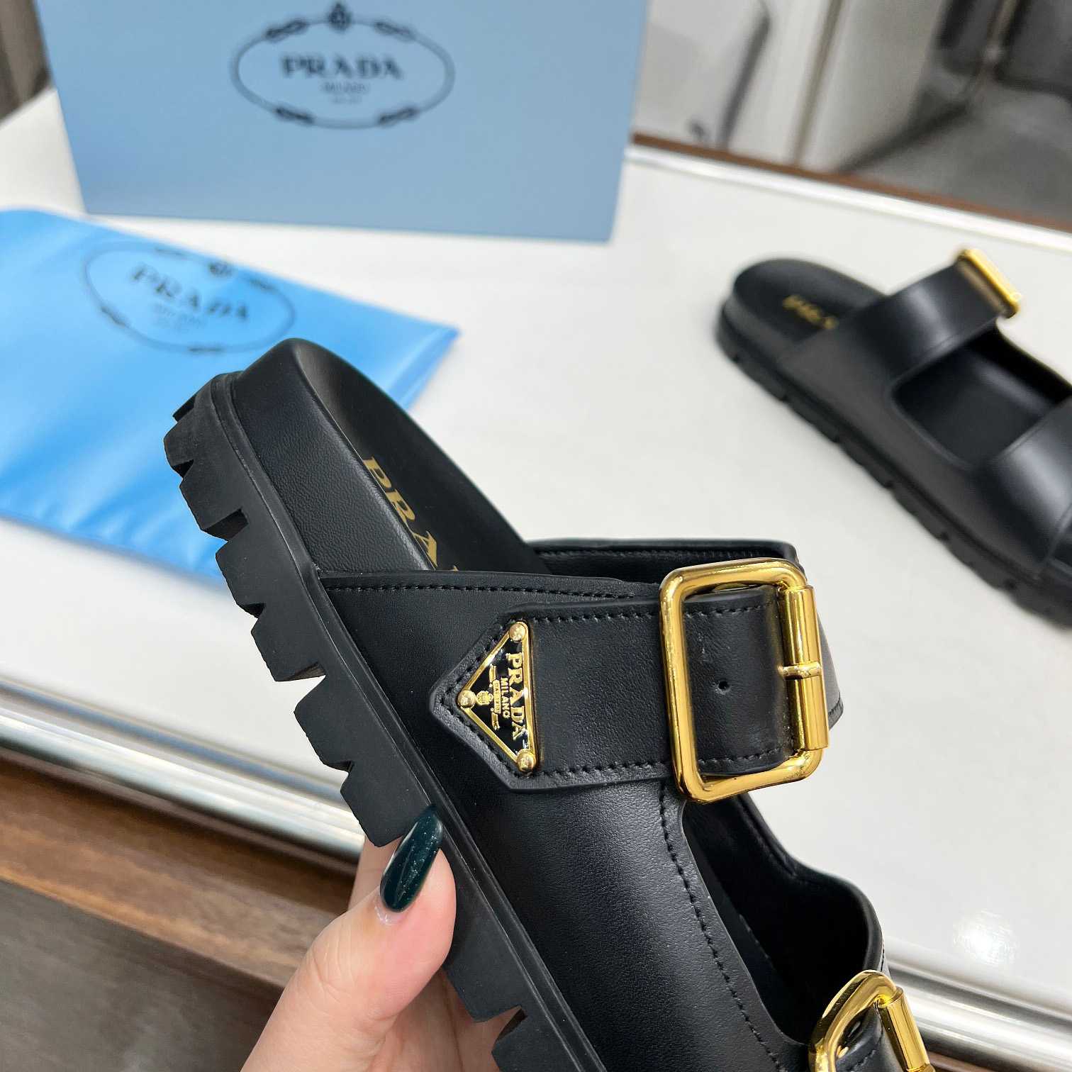 Prada Leather Strap Slides - DesignerGu