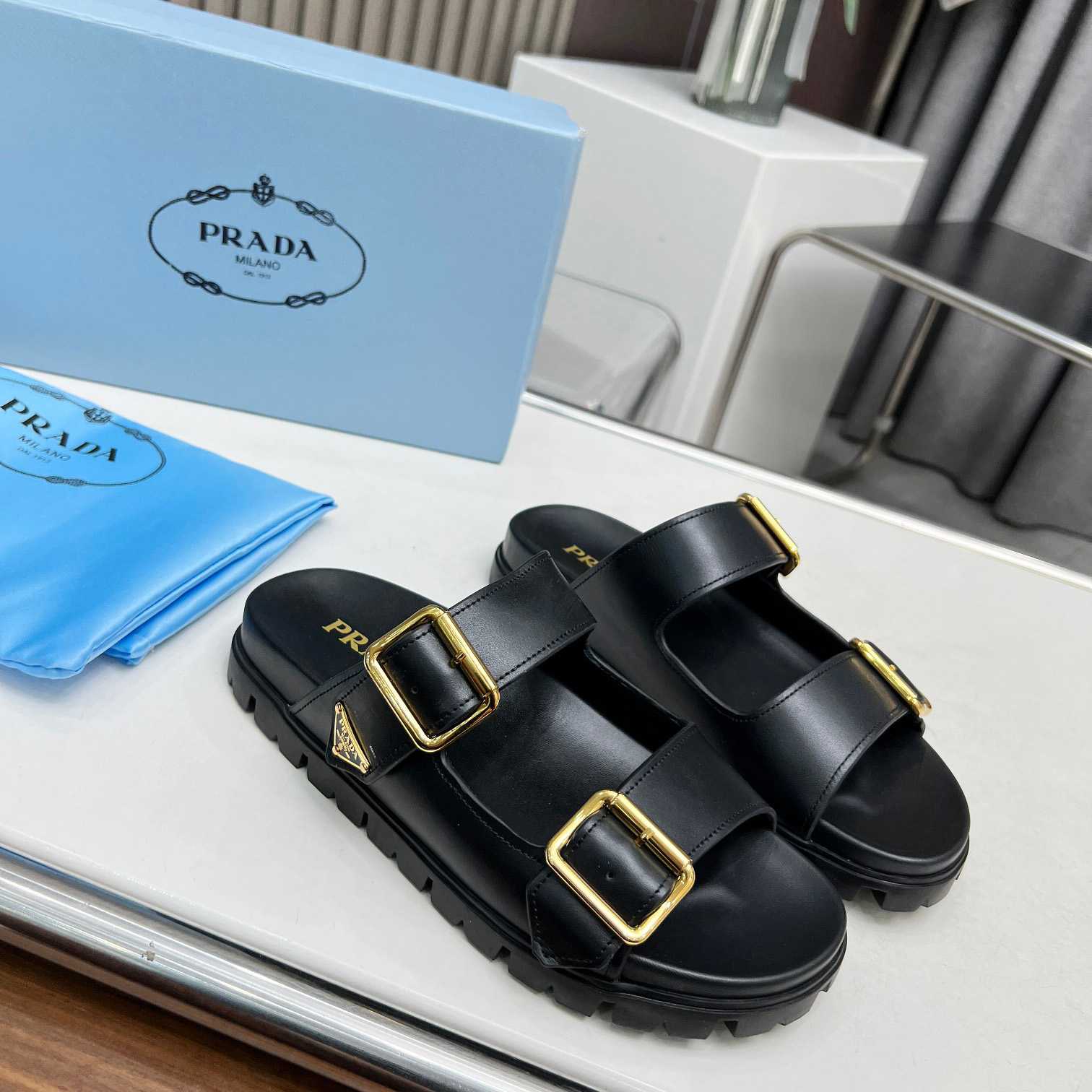 Prada Leather Strap Slides - DesignerGu